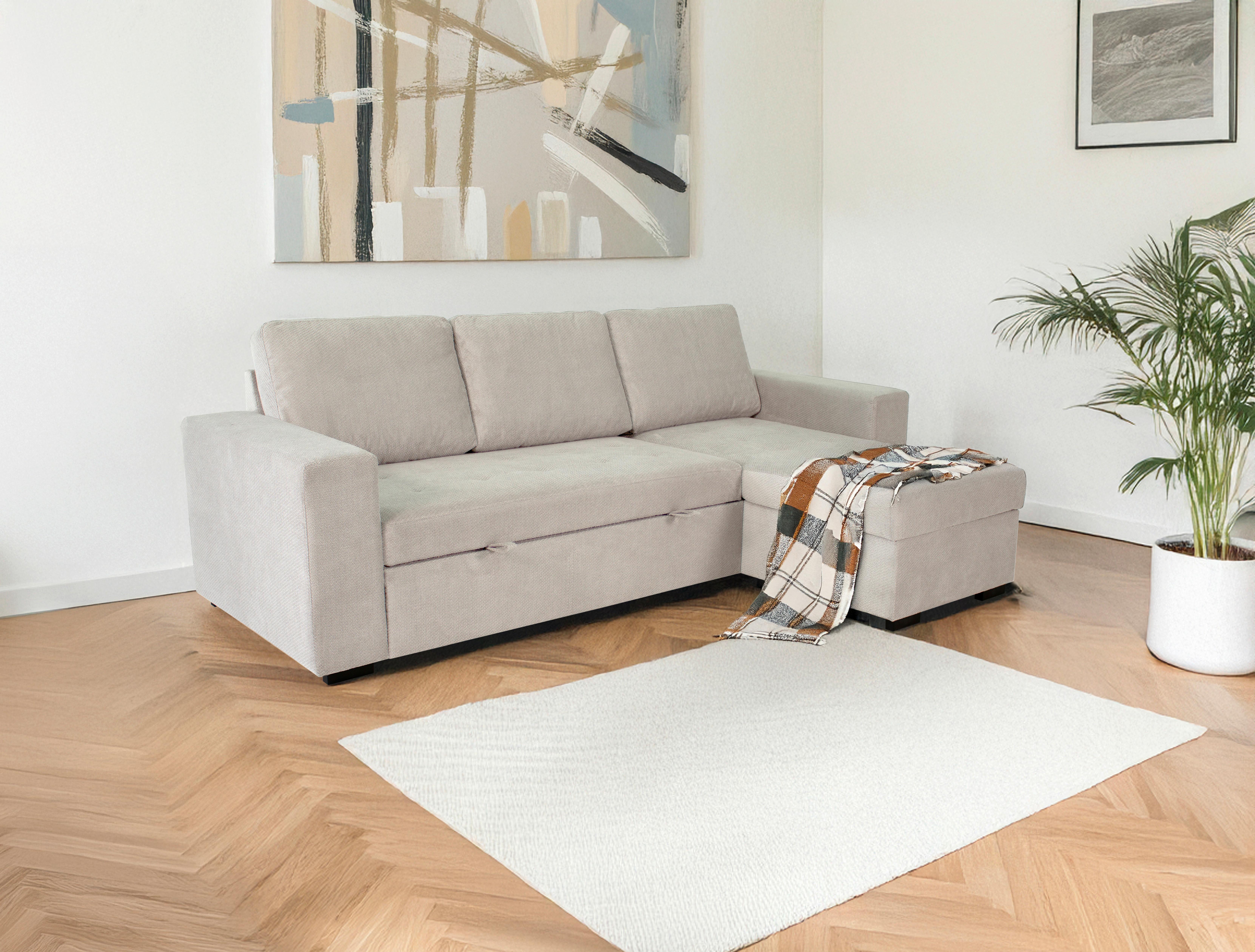 Ecksofa Mit Schlaffunktion & Bettkasten Jan Greige - Greige, Trend, Textil (247/155cm)