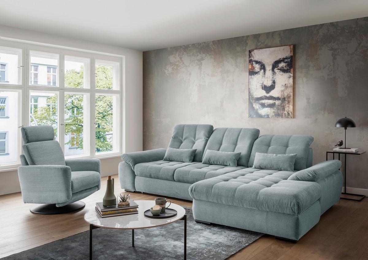 Ecksofa mit Bettkasten Rigatti Hellblau S: 314x184 cm - Schwarz/Hellblau, MODERN, Textil (314/184cm) - Livetastic