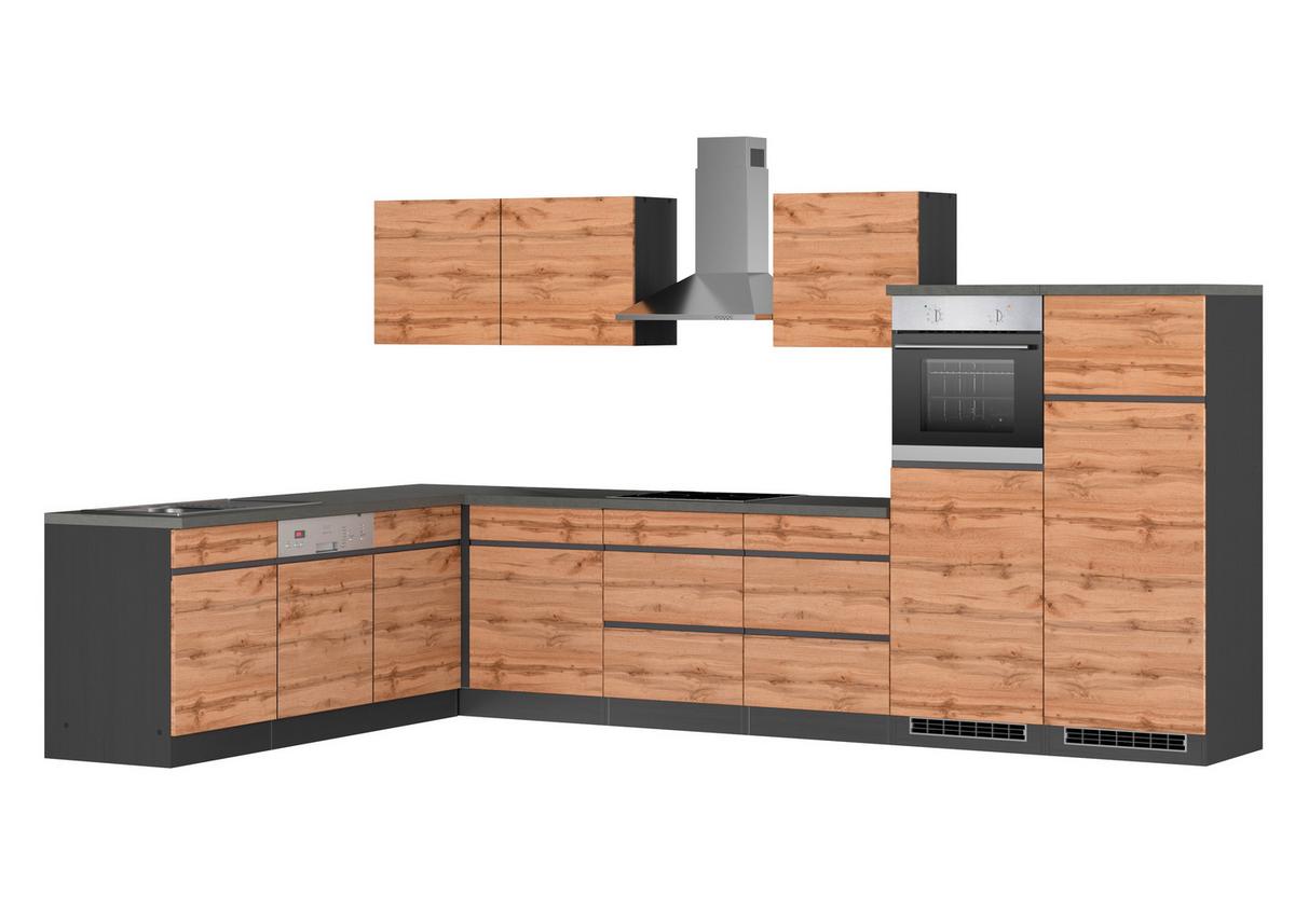 Eckküche Turin mit Geräten 240x360 cm Graphit/Eiche Dekor - Eiche Wotan/Graphitfarben, Design, Holzwerkstoff (240/360cm) - Held