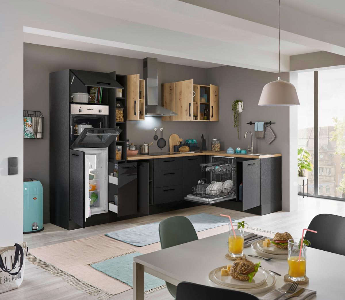 Eckküche Turin Schwarz/Eiche Dekor 310x175 cm - Schwarz/Eiche Artisan, Basics, Holzwerkstoff (310/175cm) - MID.YOU