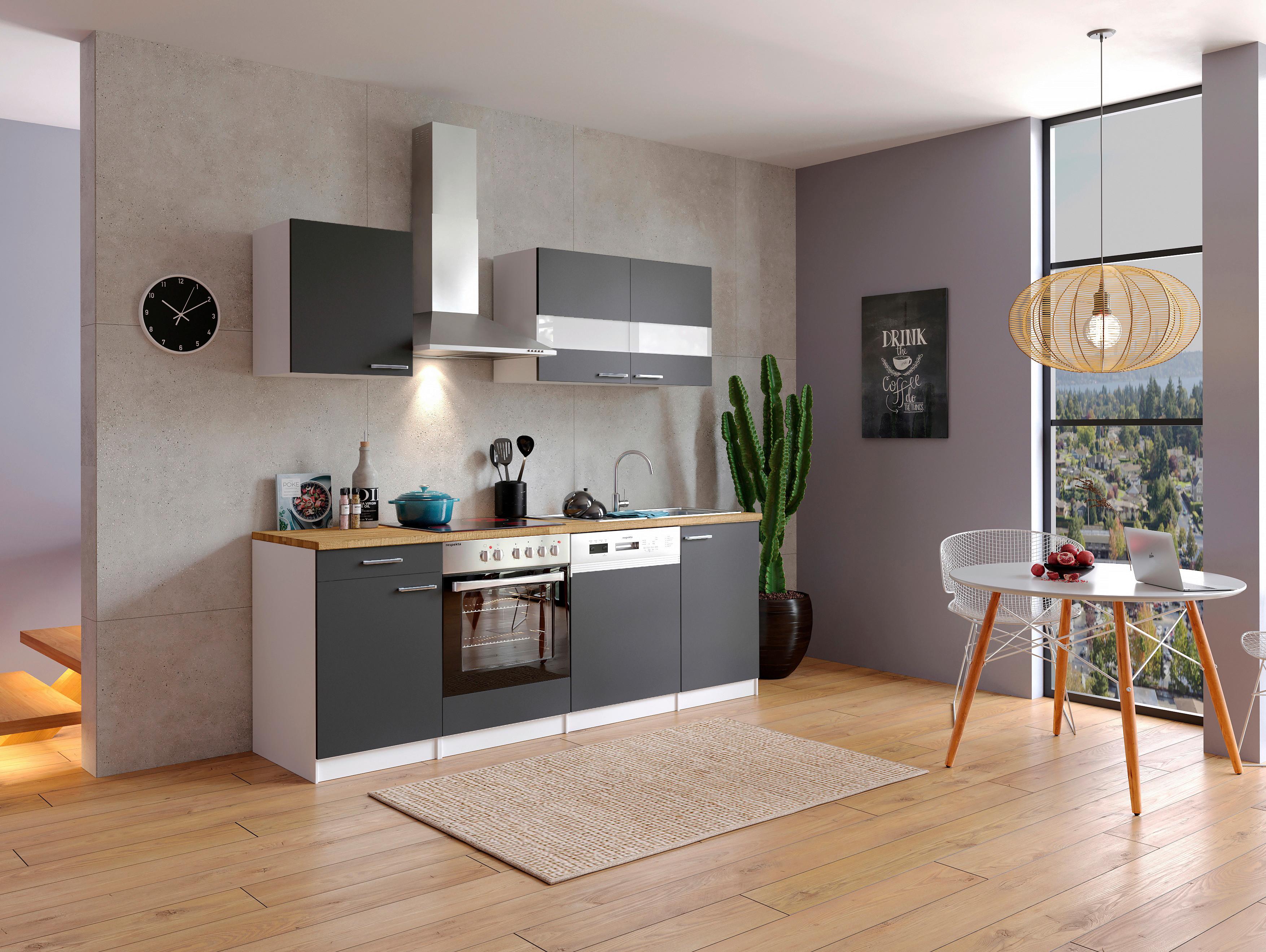 Küchenzeile Economy mit Geräten 220 cm Grau/Nussbaum Dekor - Nussbaumfarben/Weiß, Basics, Holzwerkstoff (220cm) - Respekta