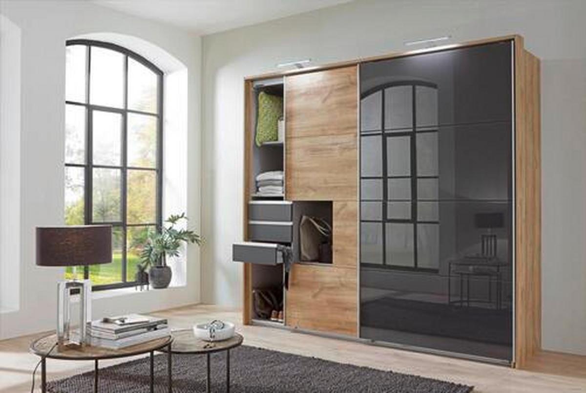 Schwebetürenschrank mit Laden 225cm Saigon, Eiche/Graphit - Eichefarben/Graphitfarben, Basics, Holzwerkstoff (225/210/64cm) - MID.YOU