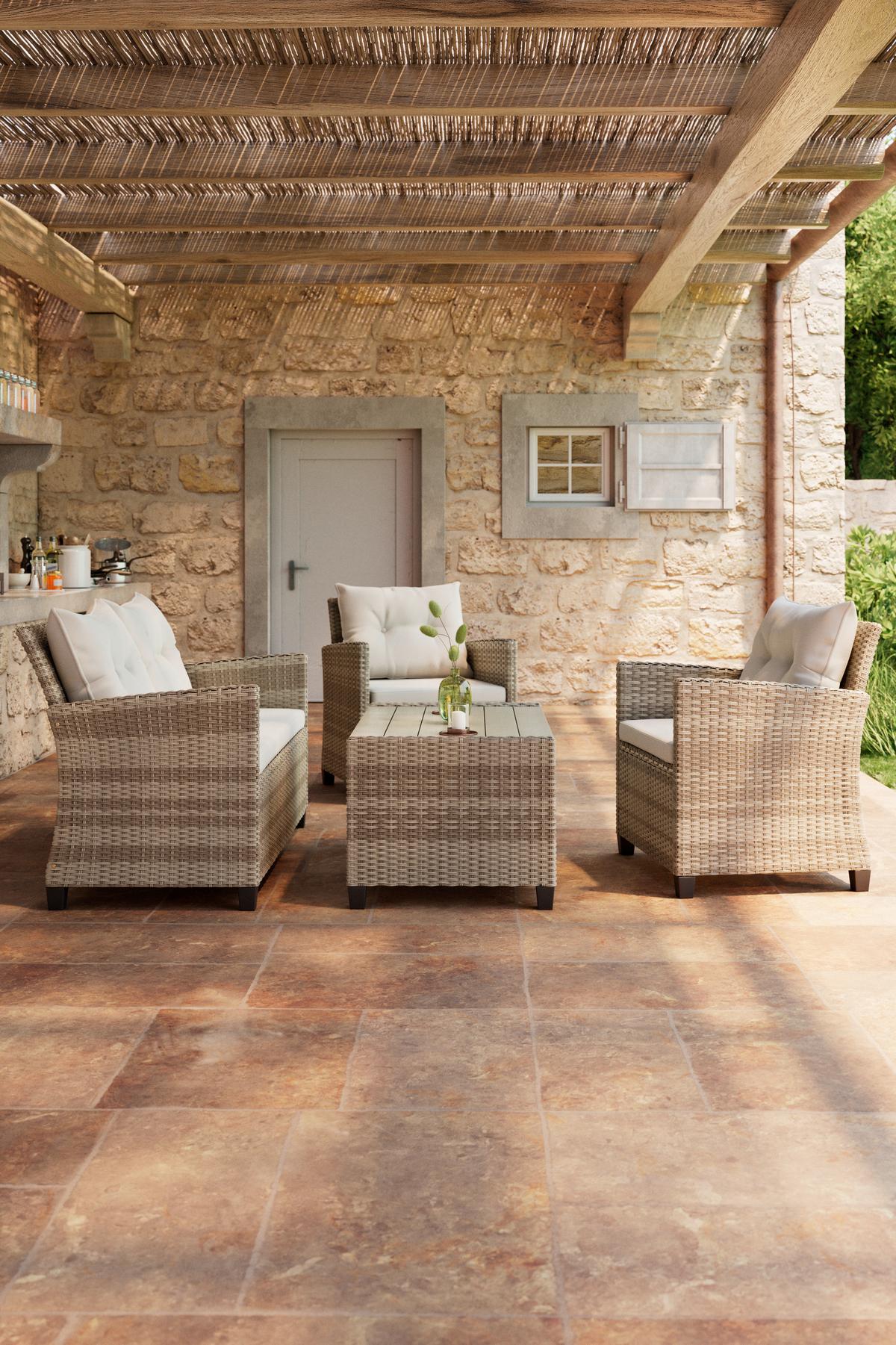 Loungegarnitur 4-Tlg. Kos Holz /Kunststoff/Metall mit Kissen - Beige/Creme, MODERN, Holzwerkstoff/Kunststoff - Luca Bessoni