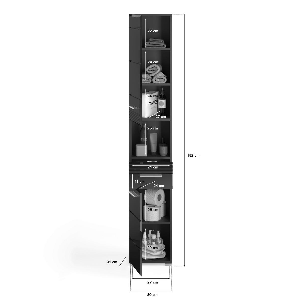 Hochschrank Linus Schwarz B: 30 cm - Schwarz Hochglanz/Schwarz, MODERN, Holzwerkstoff (30/181/30cm) - MID.YOU