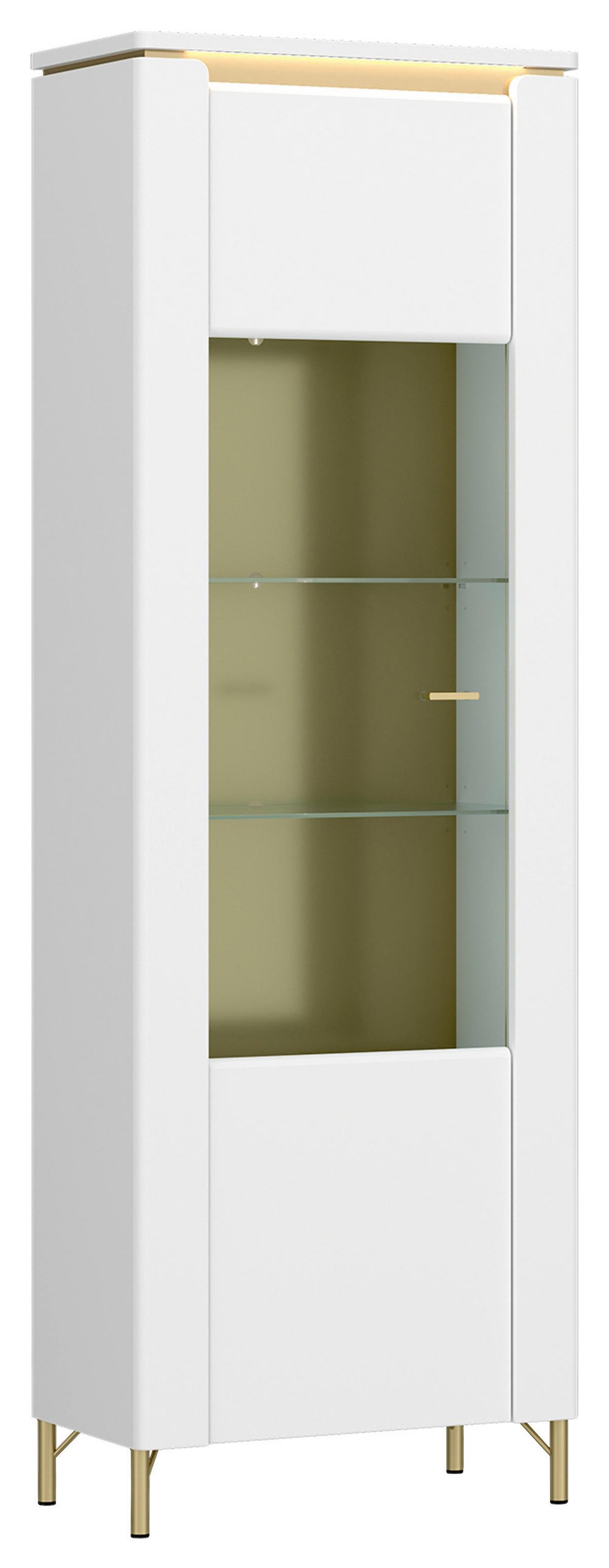 Vitrine Lazio Weiß B: 65,5 Cm - Weiß Hochglanz/Goldfarben, Trend, Glas/Holzwerkstoff (65,5/201,2/40cm)