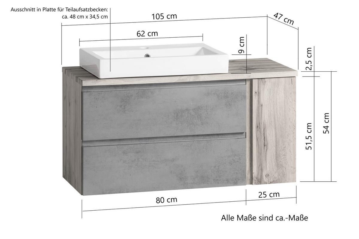Waschbecken Mit Unterschrank Varese B:105 Cm Grau/eiche - Eiche Wotan/Grau, MODERN, Keramik/Holzwerkstoff (105cm) - Held