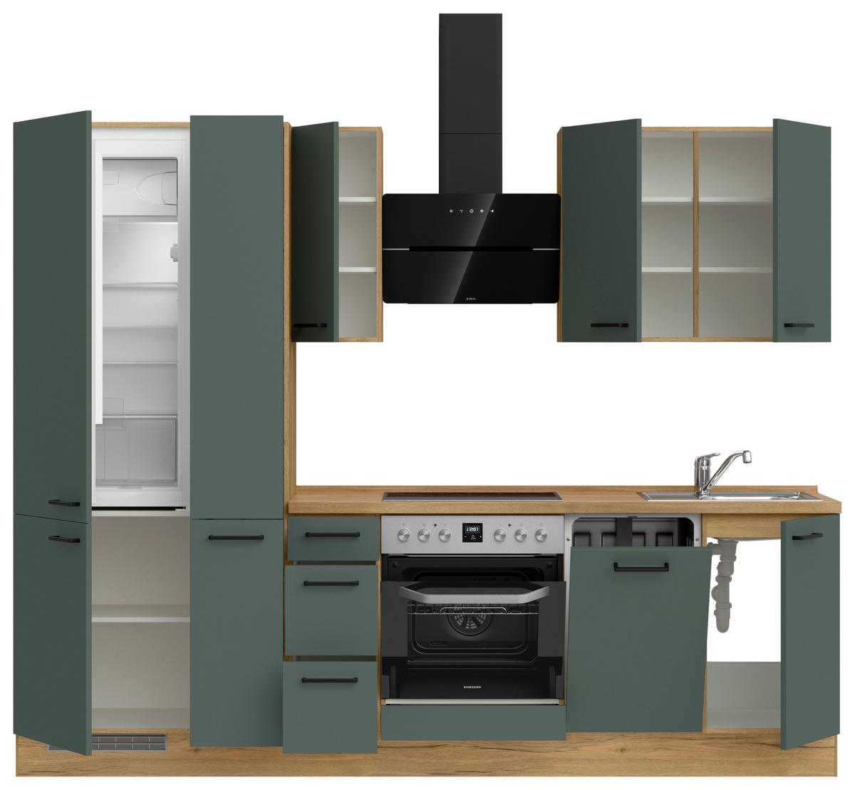 Kuchyňská linka 270 cm, minerální zelená,ultra matná - barvy dubu/černá, Moderní, kov/kompozitní dřevo (270cm) - Nobilia