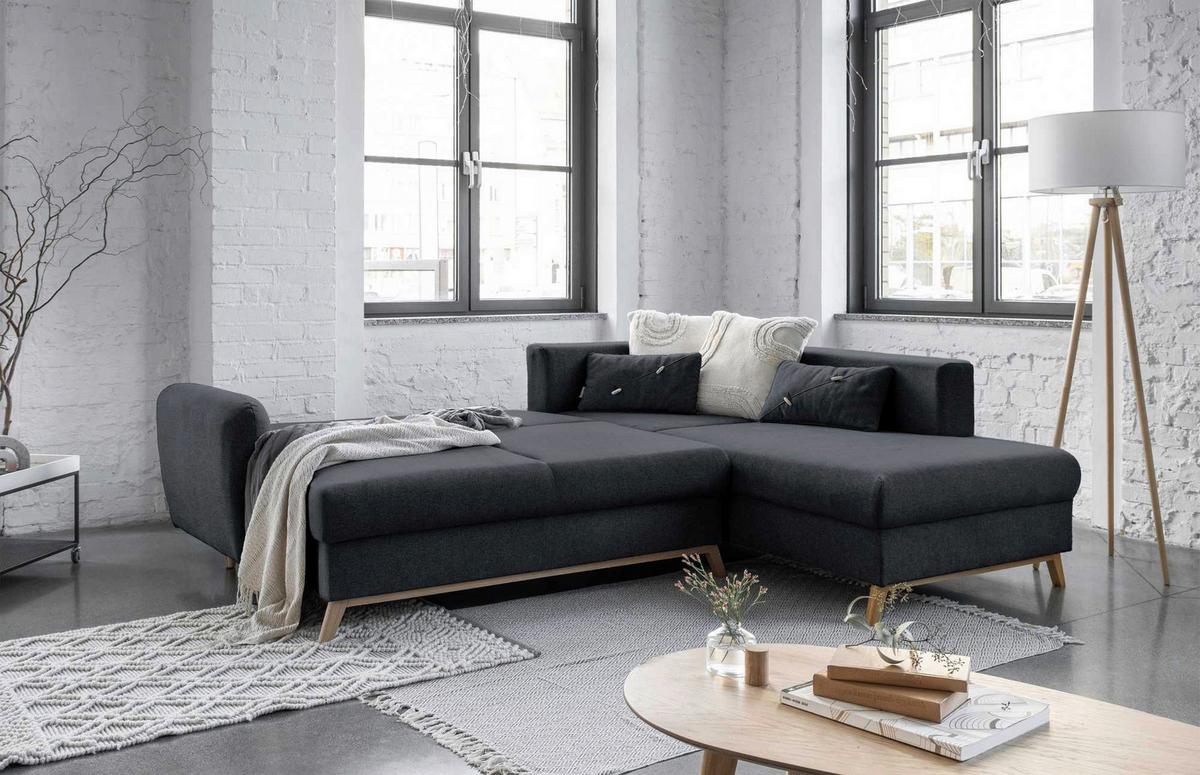 Sedačka LUCILE L, pravá, tm.sivá, úl.priestor a lôžko - prírodná farba/tmavosivá, drevo/textil (242/202cm) - MID.YOU