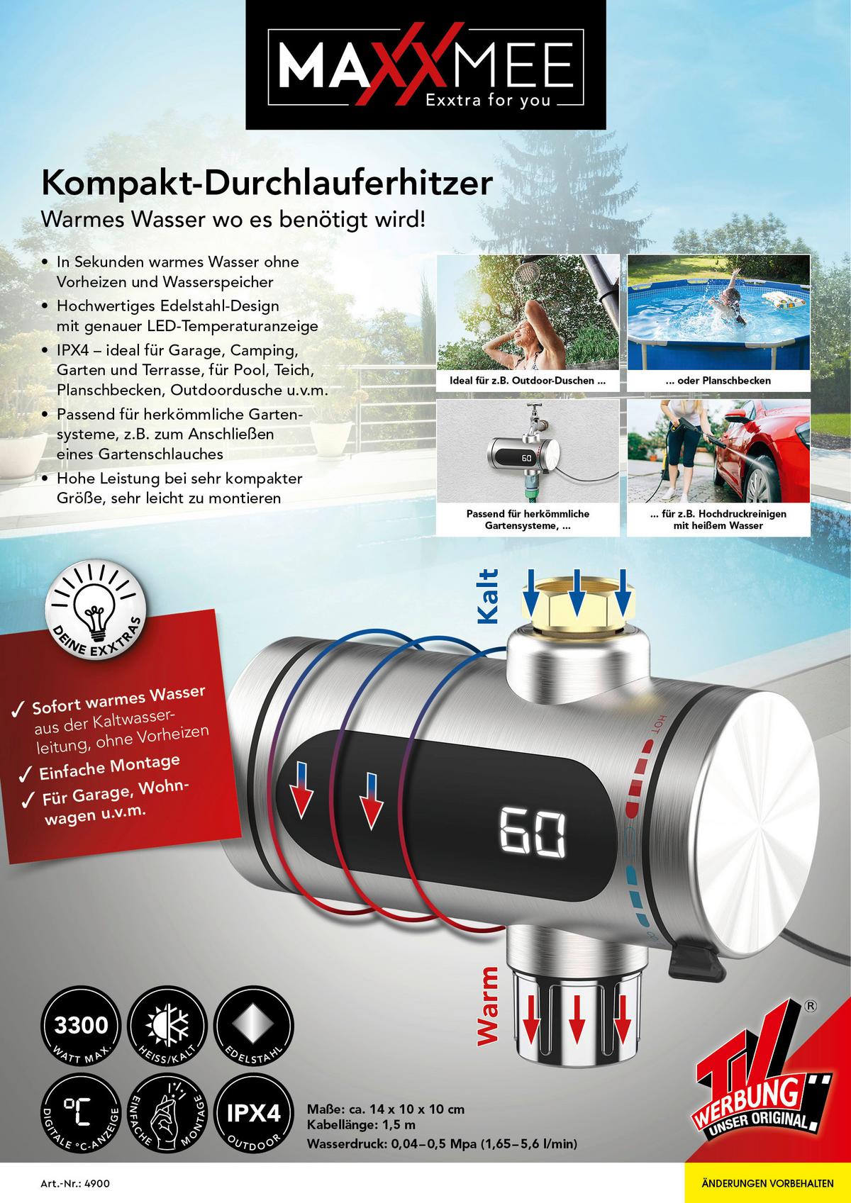 Durchlauferhitzer Maxxmee B: 10 cm Edelstahlfarben 3300W - Edelstahlfarben/Schwarz, Basics, Kunststoff/Metall (10/10/14cm)