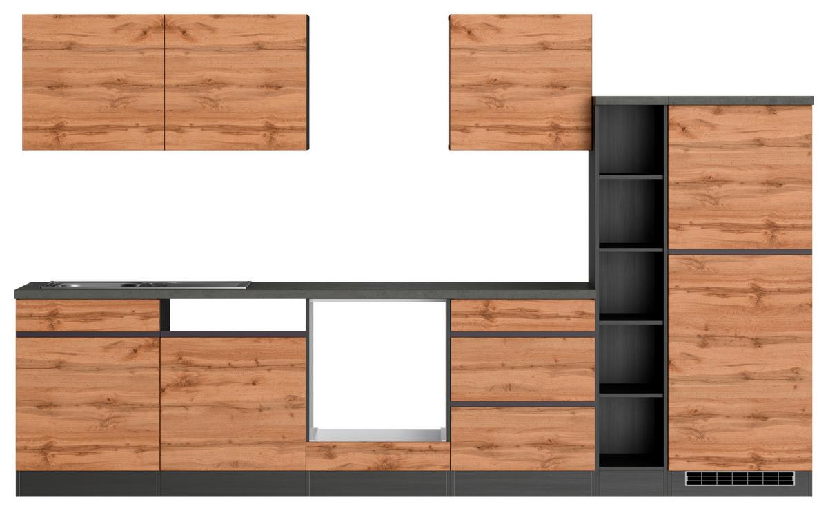 Küchenzeile Turin ohne Geräte B: 330 cm Graphit/Eiche Dekor - Eiche Wotan/Graphitfarben, Design, Holzwerkstoff (330cm) - Held