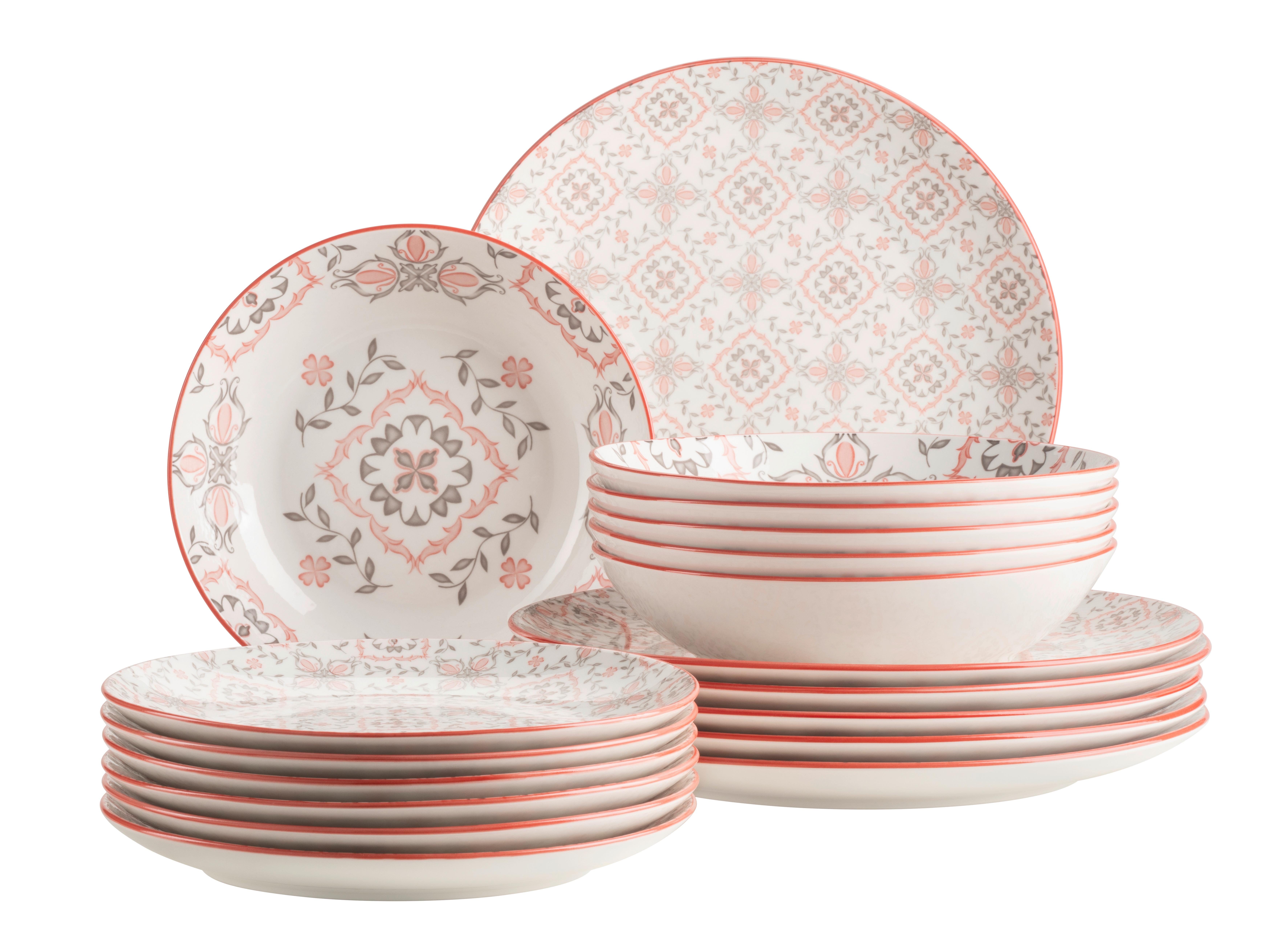 Tellerset 18 -Teilig. Grau/Rosa/Rot/Weiß - Rot/Rosa, Basics, Keramik - Mäser