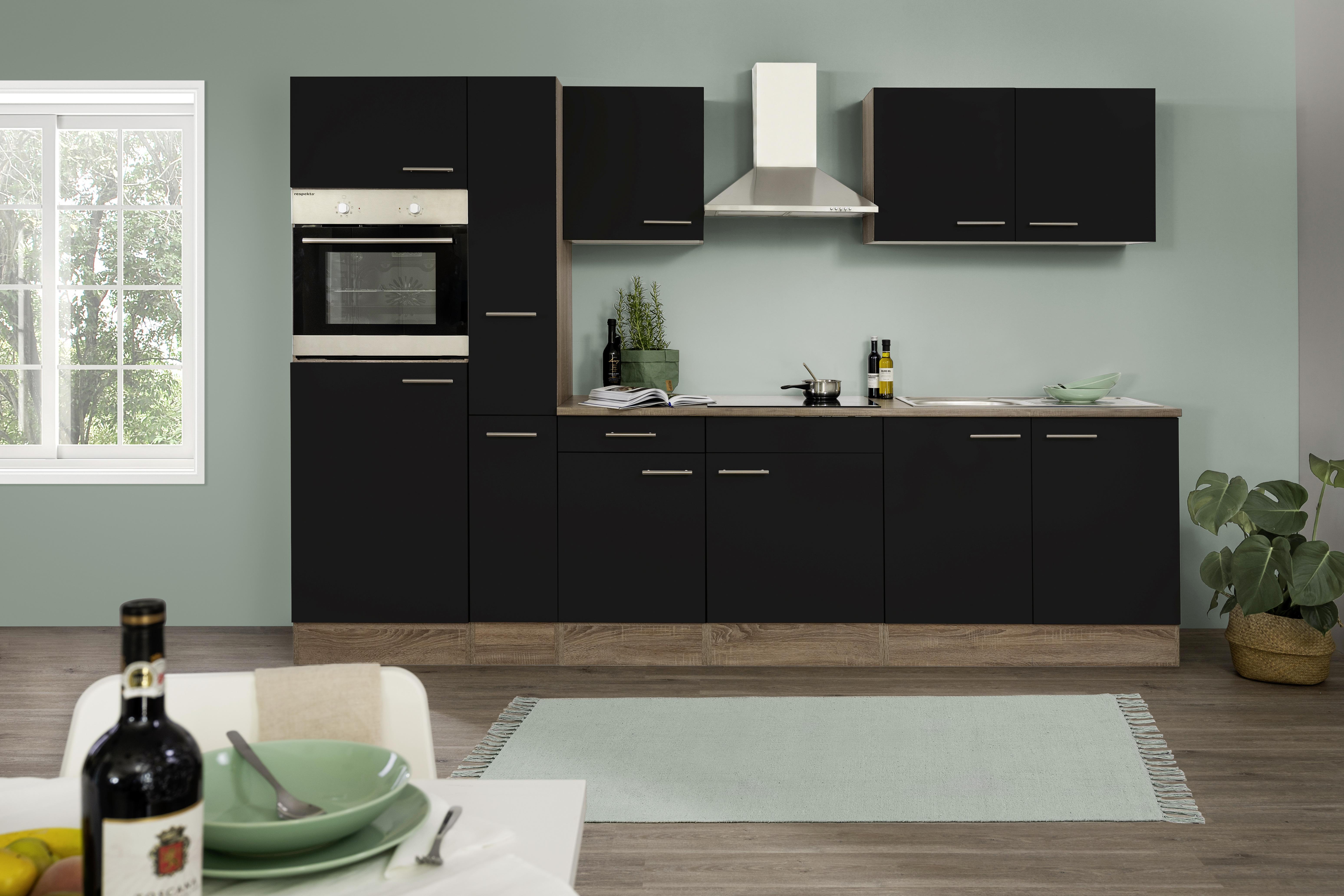 Küchenzeile mit Geräten B: 300 cm Schwarz/Eiche Dekor