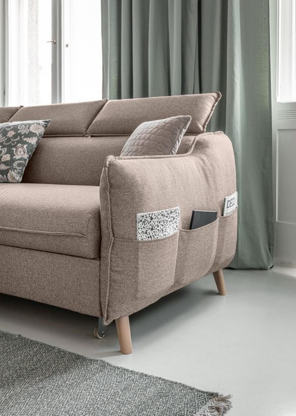 Rozkladacia sedačka Simone, ľavé prevedenie - prírodná farba/béžová, Modern, drevo/textil (253/82/95/208cm)