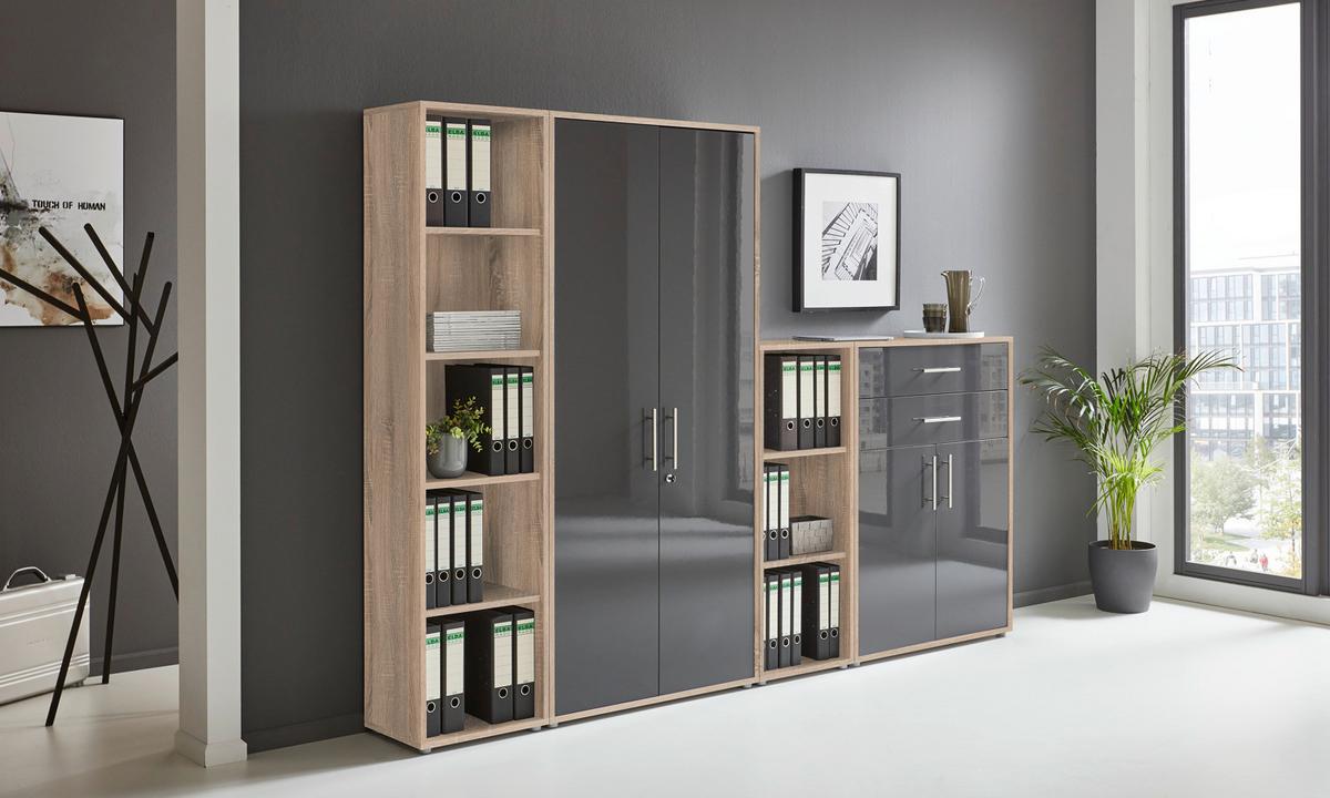 Aktenschrank Office Edition Anthr. Hg/eiche D. B: 257cm - Anthrazit Hochglanz/Sonoma Eiche, MODERN, Holzwerkstoff (257/185,6/33cm) - MID.YOU