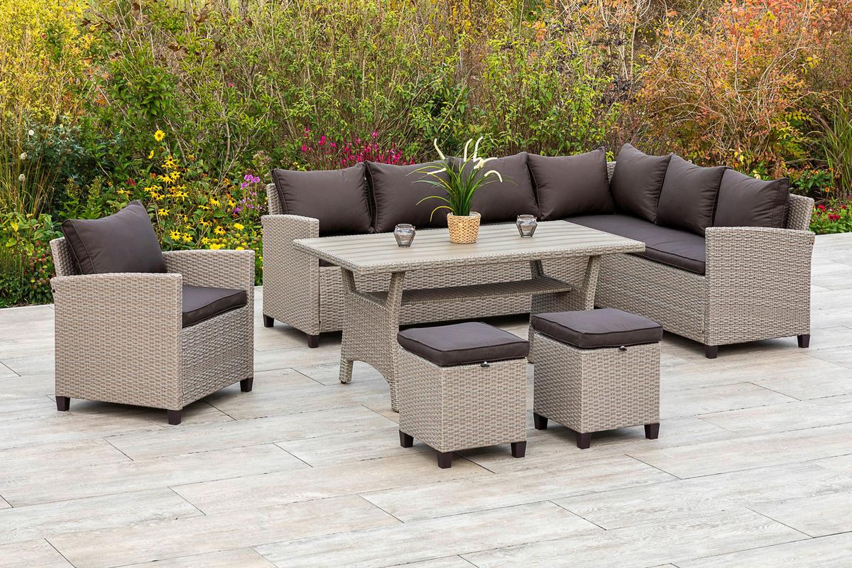 Loungegarnitur 5-Tlg. Palma Kunststoffgeflecht mit Kissen - Dunkelbraun/Naturfarben, KONVENTIONELL, Kunststoff/Textil (239/170cm) - Gardenson