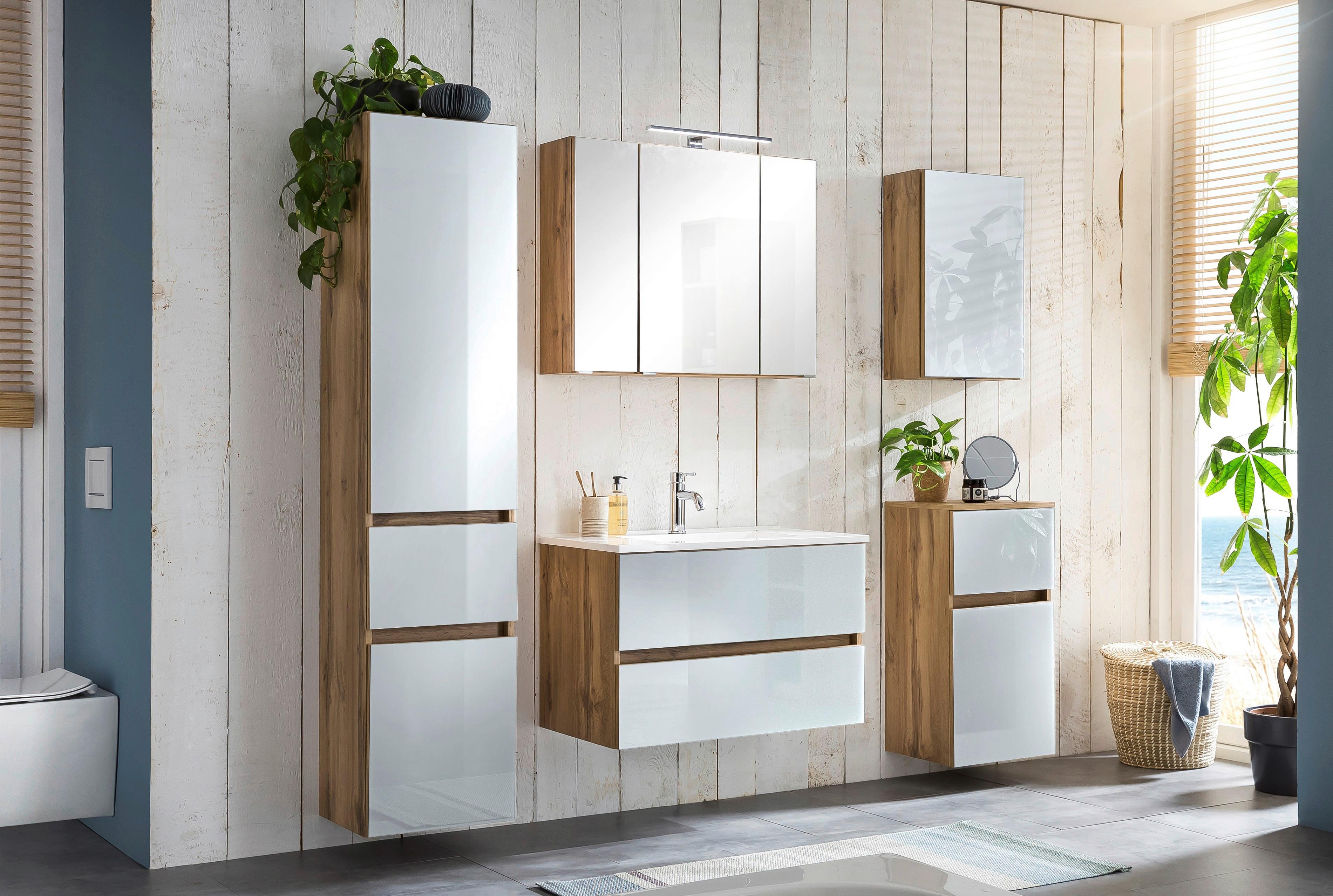 Badmöbel-Set 6-Tlg. inkl. LED Helsinki, Weiß/Eiche - Eichefarben/Weiß, KONVENTIONELL, Glas/Holzwerkstoff (160cm) - Held