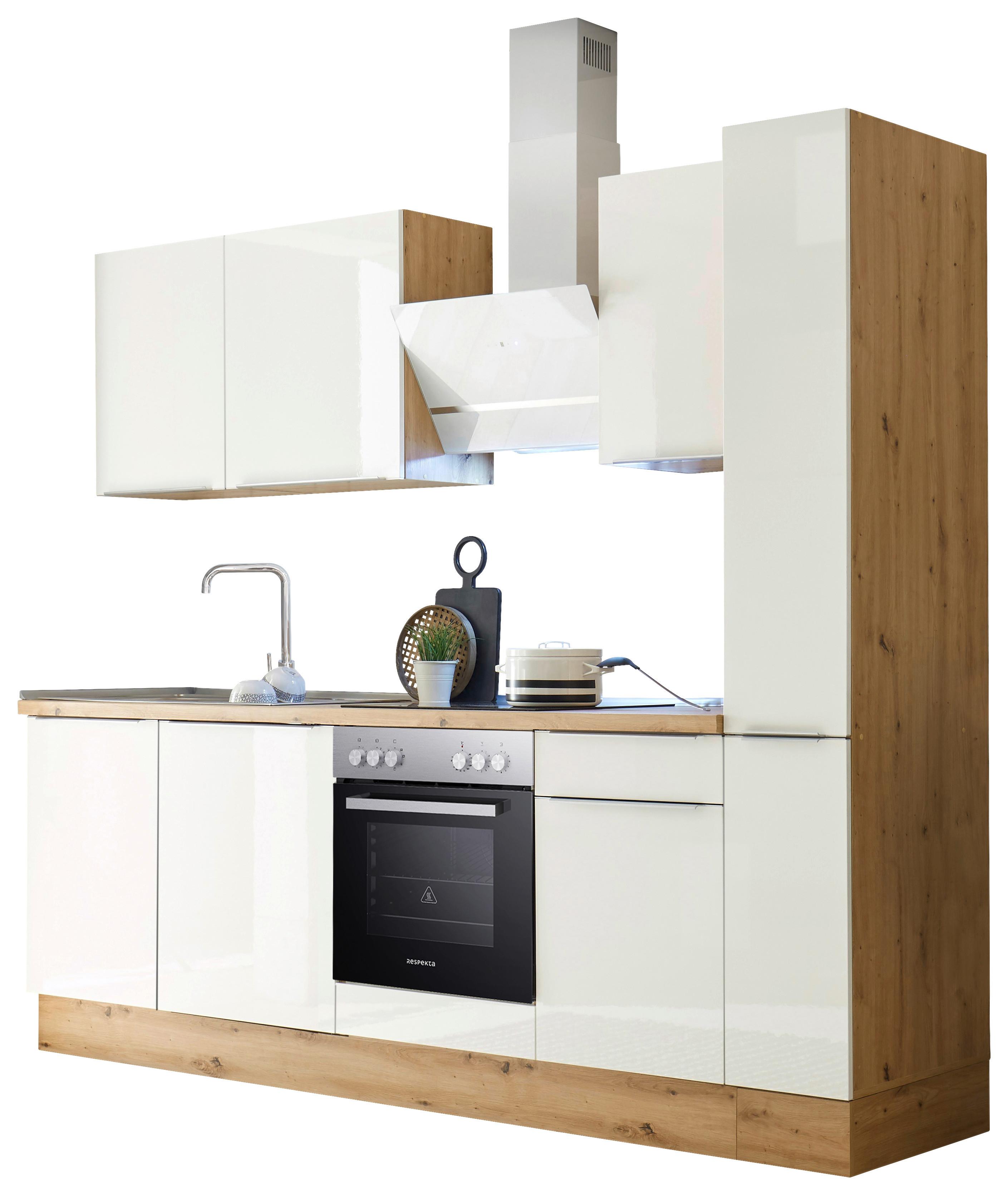 Küchenzeile mit Geräten B: 250 cm Weiß/Eiche Dekor - Weiß Hochglanz/Eiche Artisan, LIFESTYLE, Holzwerkstoff (250/211/60cm) - Respekta
