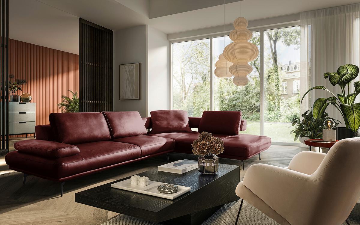 Ecksofa Como Echtleder Rot 306x237 - Rot/Schwarz, Design, Leder (306/237cm) - Livetastic