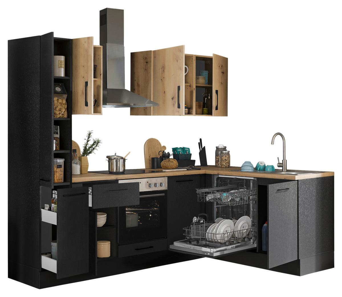 Eckküche Turin Schwarz/Eiche Dekor 250x175 cm - Schwarz/Eiche Artisan, Basics, Holzwerkstoff (250/175cm) - MID.YOU