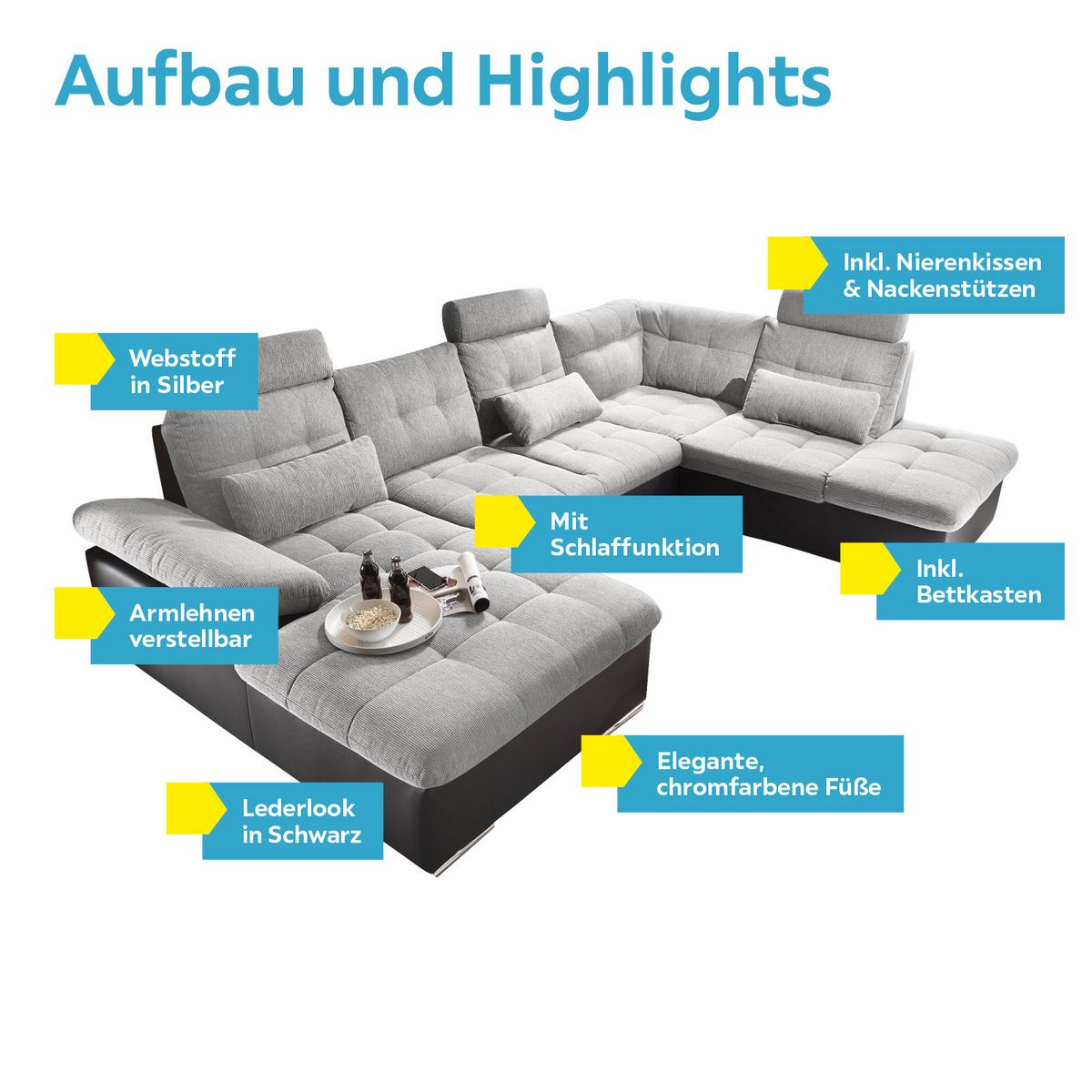 Wohnlandschaft Mit Schlaffunktion Jakarta - Silberfarben/Schwarz, MODERN, Holzwerkstoff/Textil (170/324/218cm) - MID.YOU