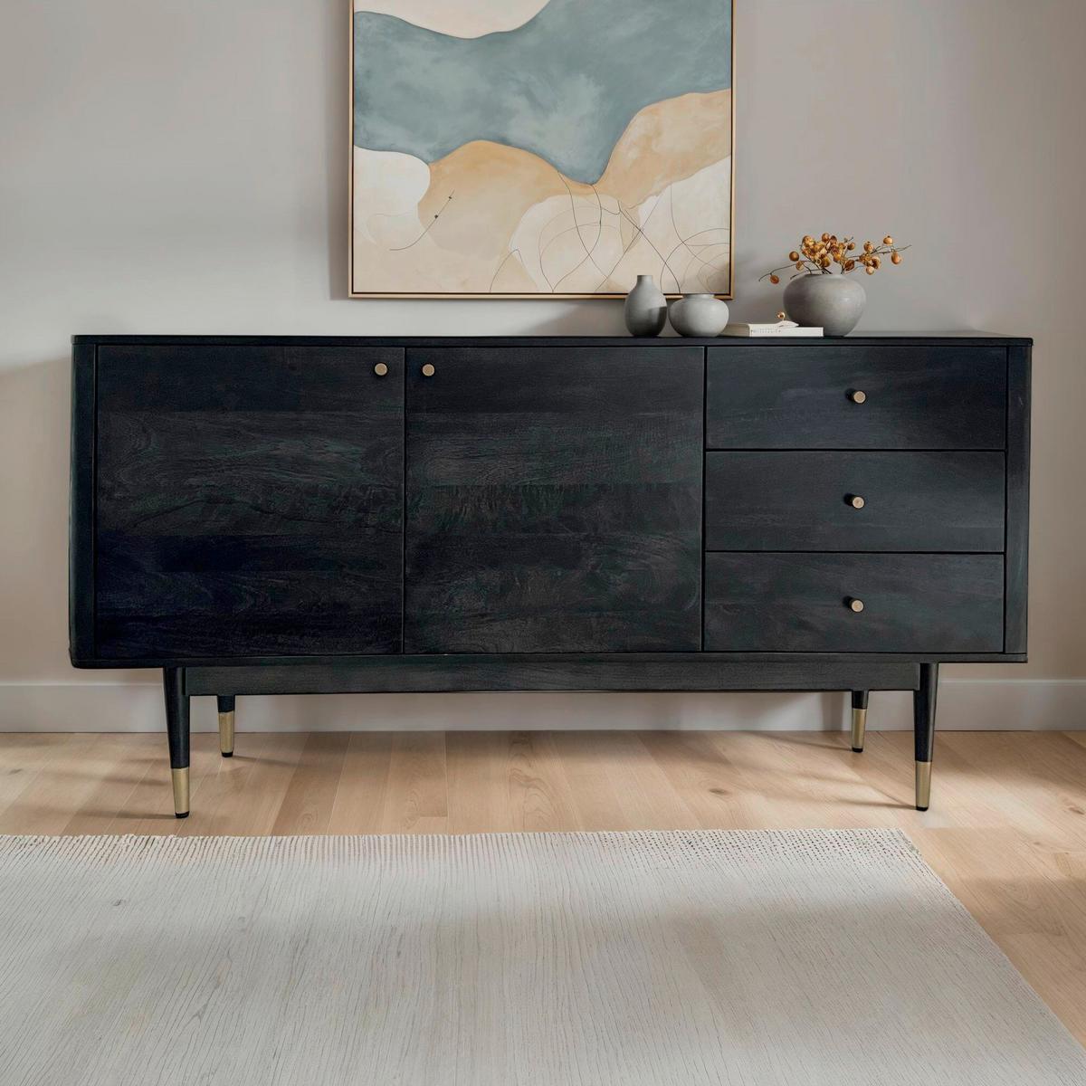 Sideboard Schwarz B: 160 cm - Goldfarben/Schwarz, Natur, Holz (160/81/42cm) - Livetastic
