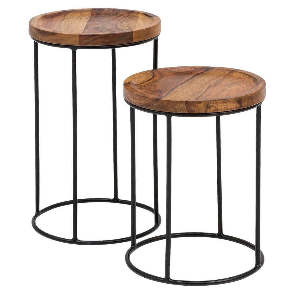 Beistelltisch Mit Holzplatte Rund 2-Er Set Sheesham/schwarz