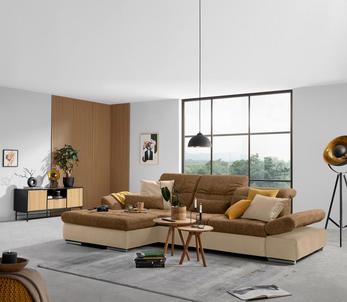 Rohová sedačka SANFINO, ľavá, sivohnedá / koňaková - chrómová/koňaková, Konventionell, kov/drevo (199/79-96/305cm) - Premium Living