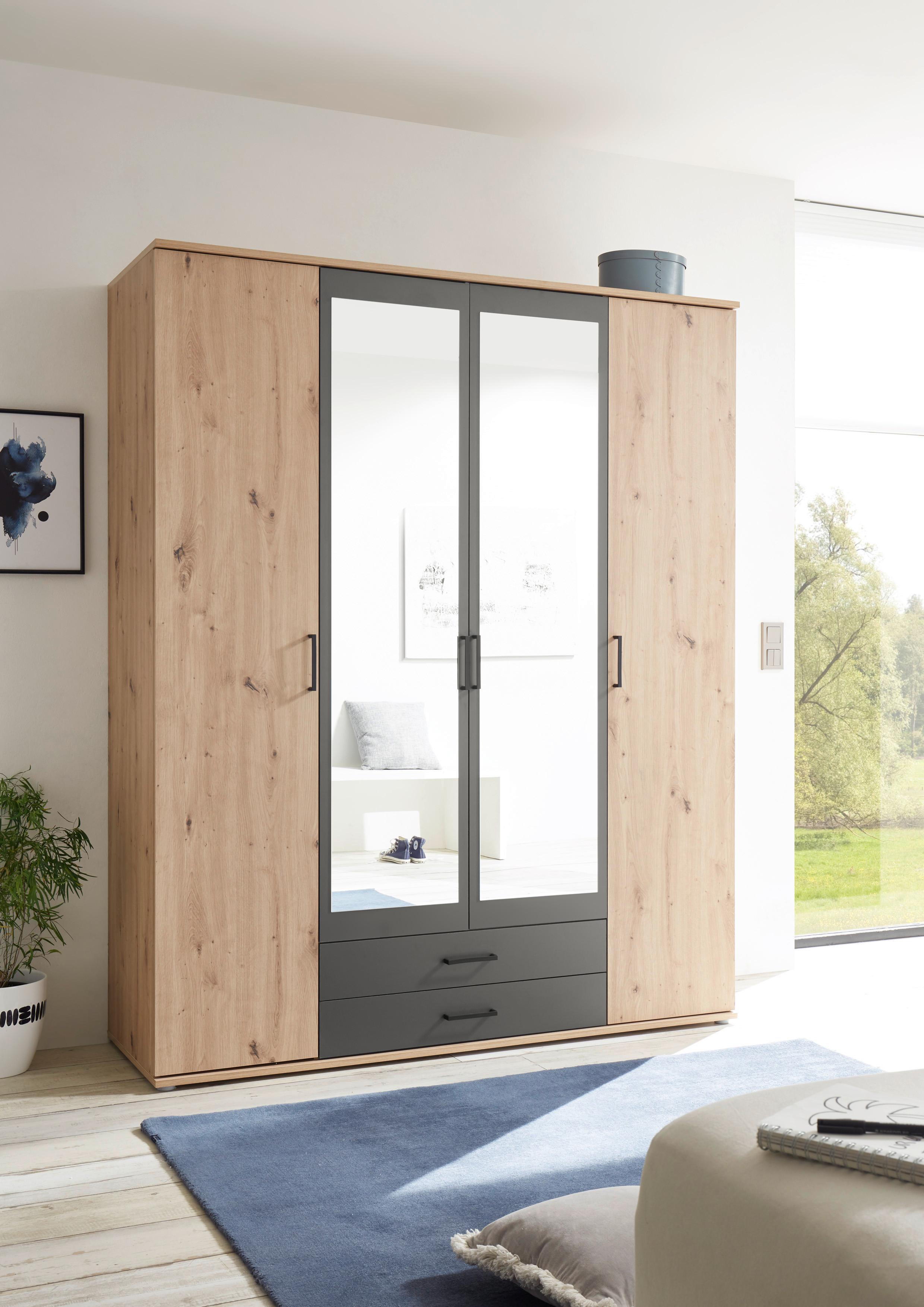 Drehtürenschrank Mit Spiegel 159 cm Chicago, Eiche Dekor - Eichefarben/Anthrazit, Basics, Glas/Holzwerkstoff (159/196/53,5cm) - MID.YOU