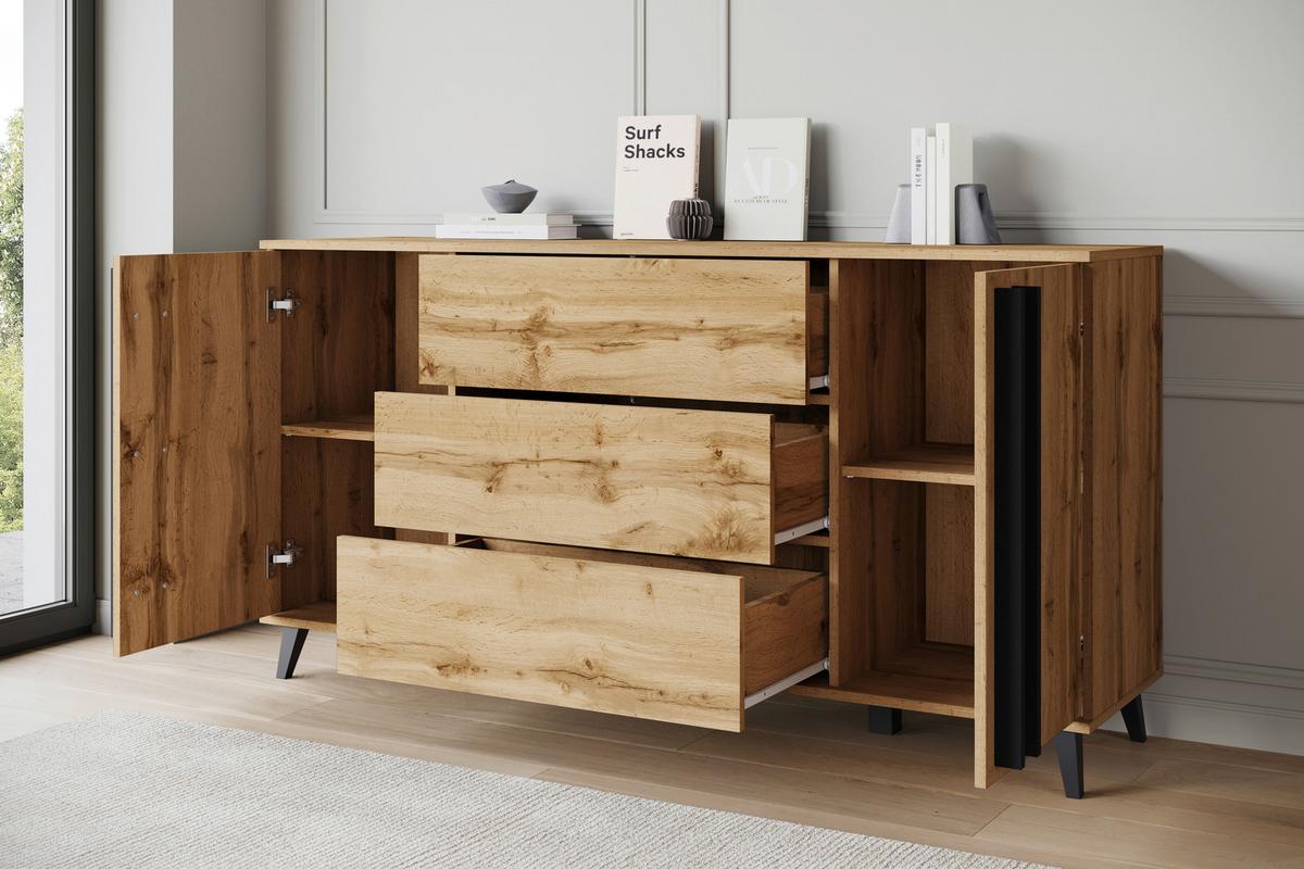 Sideboard Helsinki Eiche Wotan Dekor B: 150cm - Eiche Wotan/Schwarz, Trend, Holzwerkstoff (150/77,8/39,5cm) - P & B