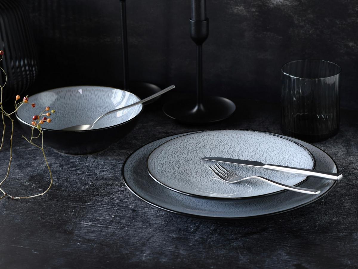 Tafelservice Malmö Schwarz, Grauweiß 12--Teilig - Grauweiß/Schwarz, Basics, Keramik - Creatable