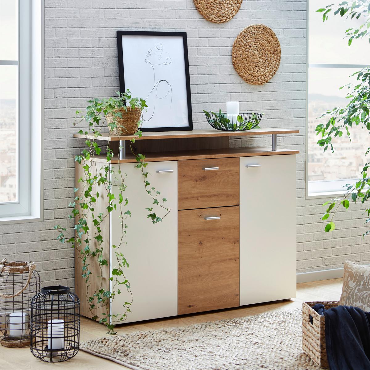 Kommode 117cm Leon, Weiß Leon - Eiche Artisan/Weiß, MODERN, Holzwerkstoff (117/92,3/38cm)
