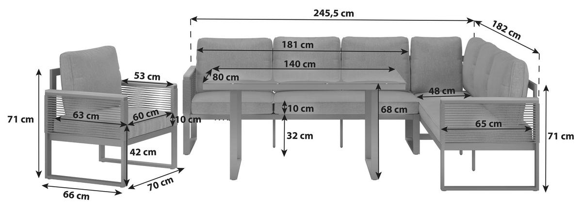 Loungegarnitur Orlando Metall/ Kunststoff, mit Glasplatte - Dunkelgrau/Naturfarben, MODERN, Glas/Kunststoff (245,5/182cm) - Beldano