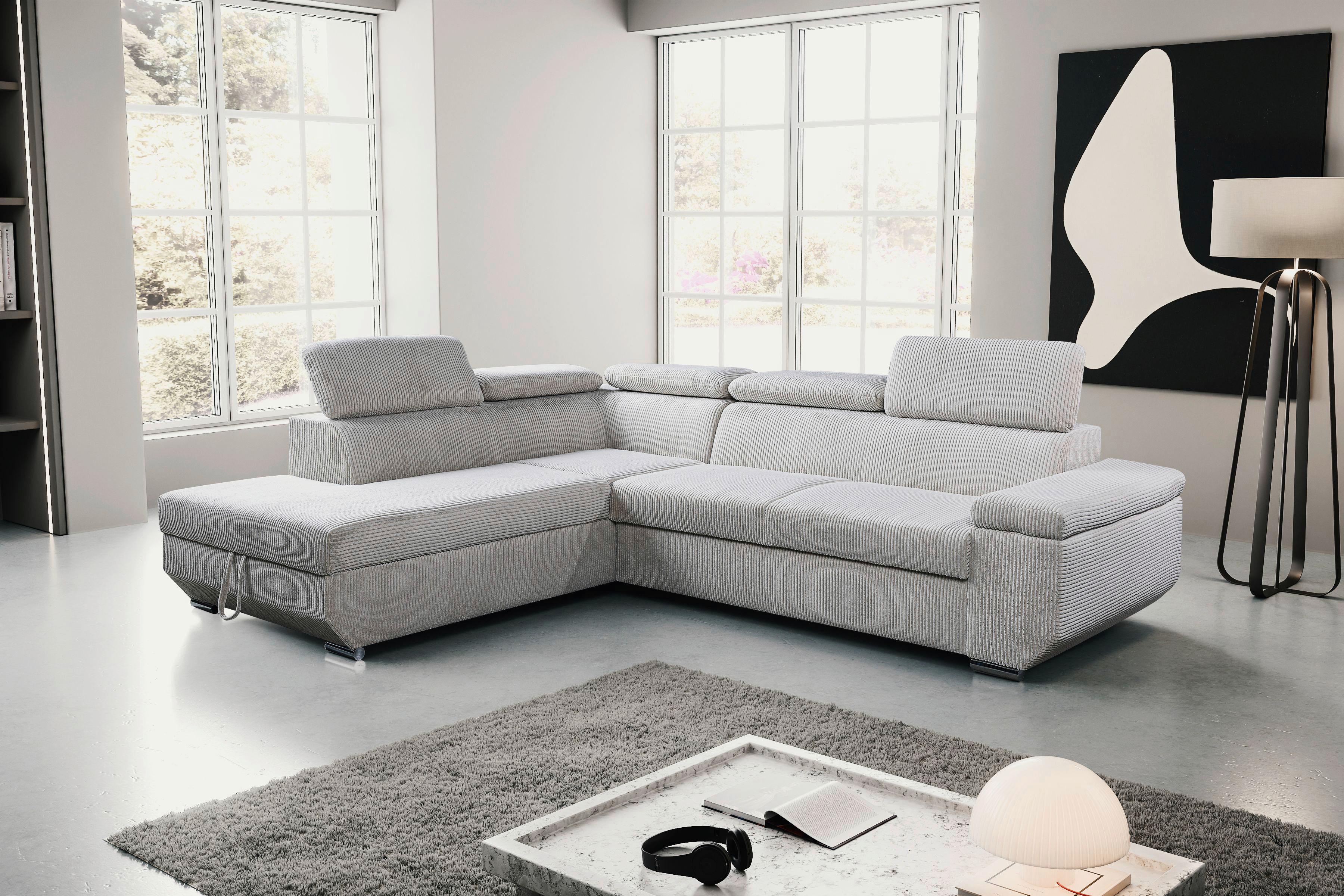 Ecksofa Lars I Cord Beige, Lf: 123x193cm - Chromfarben/Creme, Design, Textil (215/264cm) - Livetastic