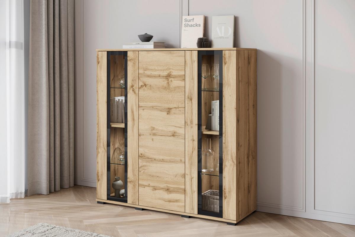 Kommode Caro Eiche Wotan B: 120 Cm - Eiche Wotan/Schwarz, Design, Glas/Holzwerkstoff (120/121,9/39,5cm) - Livetastic