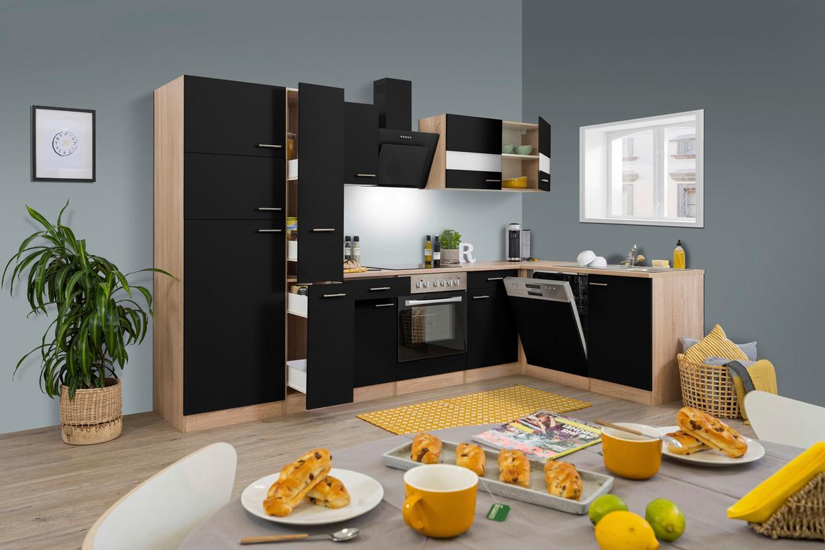 Eckküche Respekta ohne Geräte 310x172 cm Schwarz/Eiche Dekor - Eichefarben/Schwarz, Basics, Holzwerkstoff (310/172cm) - Respekta