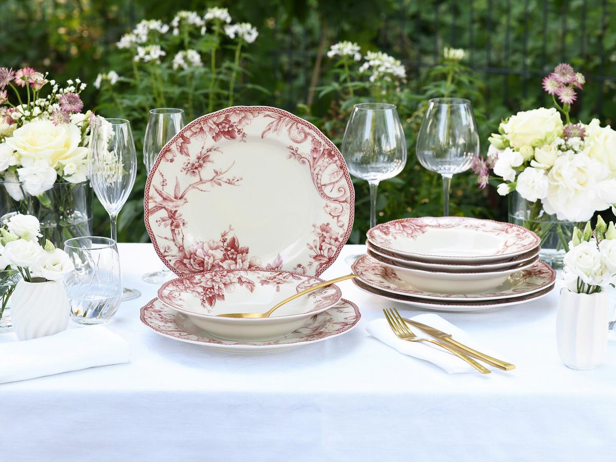 Tafelservice 8-Teilig. weiß/Bordeaux - Bordeaux/Weiß, Basics, Keramik - Creatable