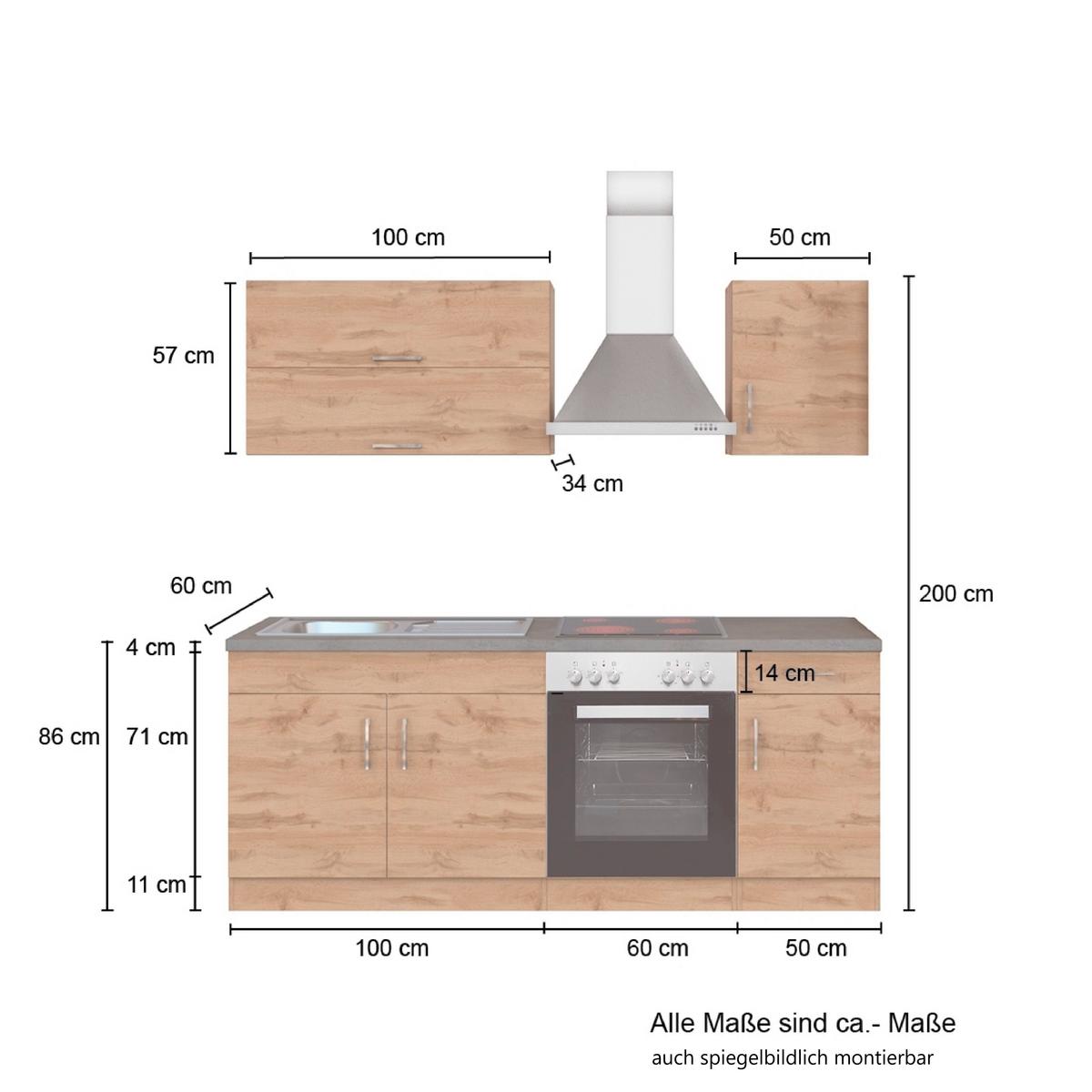 Küchenzeile Sorrento Mit Geräten B: 210 cm Eichefarben - Schieferfarben/Eiche Wotan, MODERN, Holzwerkstoff (210cm) - Held