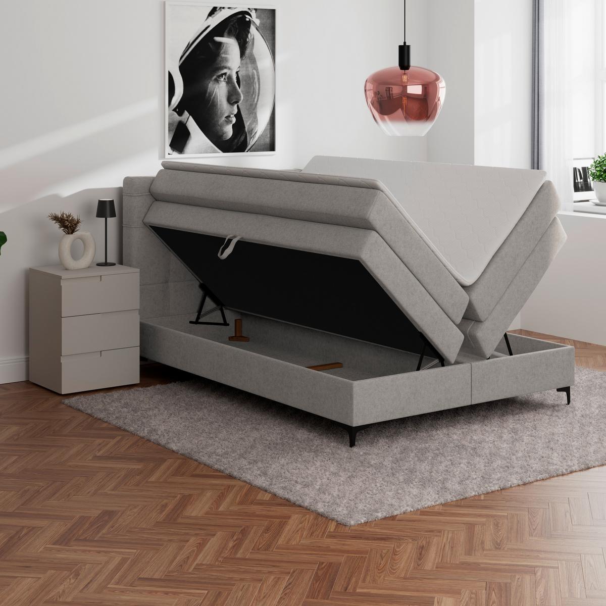 Boxspringbett MITTO Lavagrau 140x200 cm - Lavagrau/Schwarz, KONVENTIONELL, Textil/Metall (140/200cm)