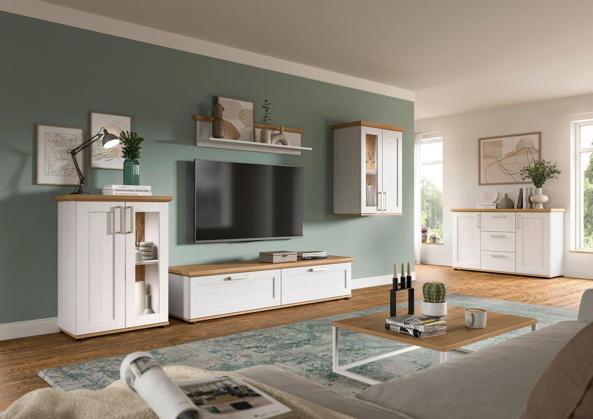 Wohnwand Verona Lärchefarben /Eiche Dekor B: 316cm - Lärchefarben/Schwarz, Design, Holzwerkstoff (316/161/40cm) - Livetastic