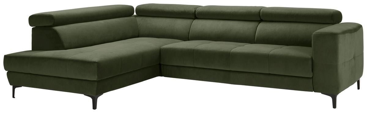 Rohová sedačka EMMA, ľavá, oliv.zel.,op.hl.,USB,el.výsuv - olivovozelená/čierna, Modern, textil (210/301cm) - Premium Living