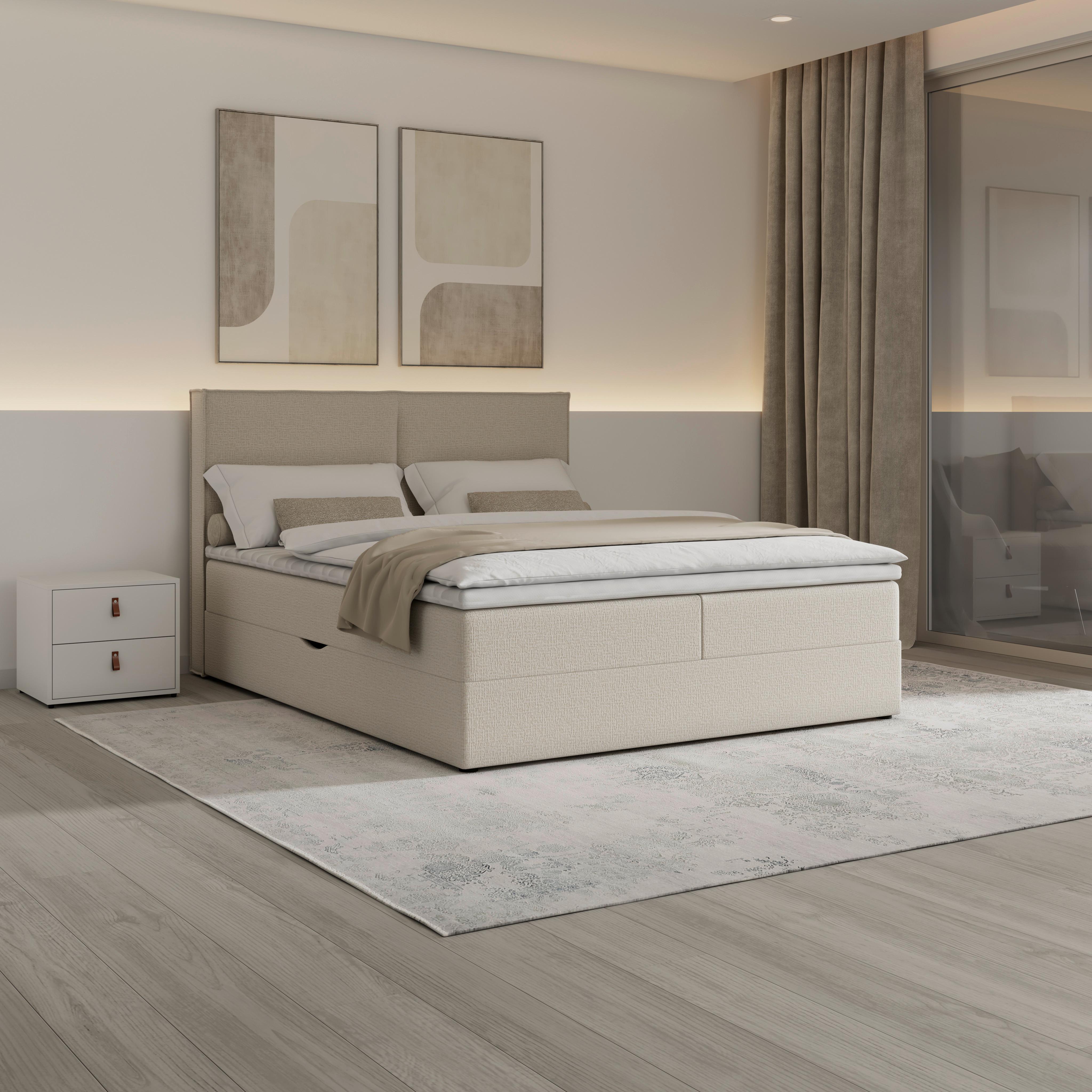 Boxspringová posteľ IMOLA 140x200, krémová - čierna/krémová, Modern, drevo/textil (140/200cm) - Bessagi Home