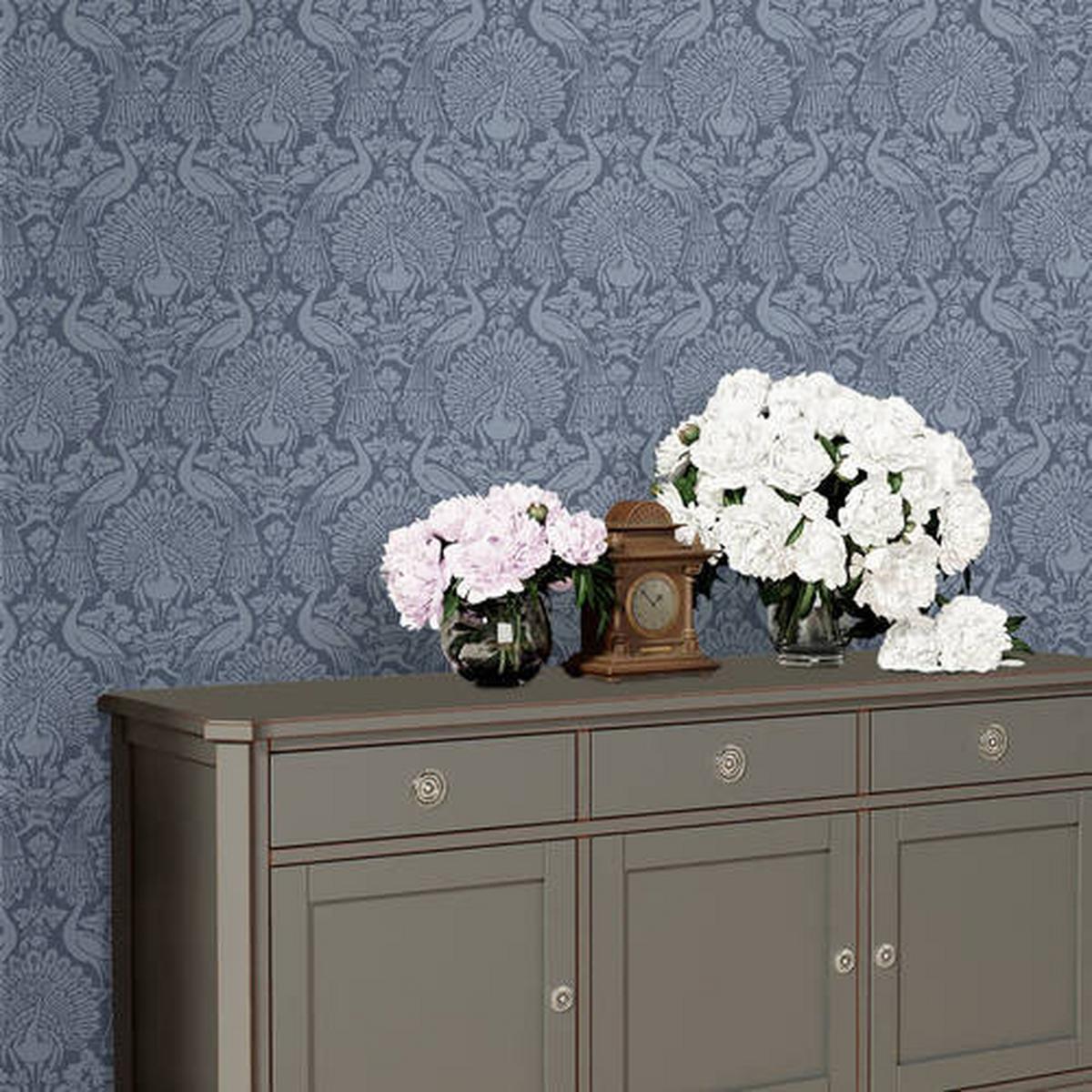 Vliestapete Peacock Damask - Blau, Basics, Papier/Kunststoff (52/1000cm)