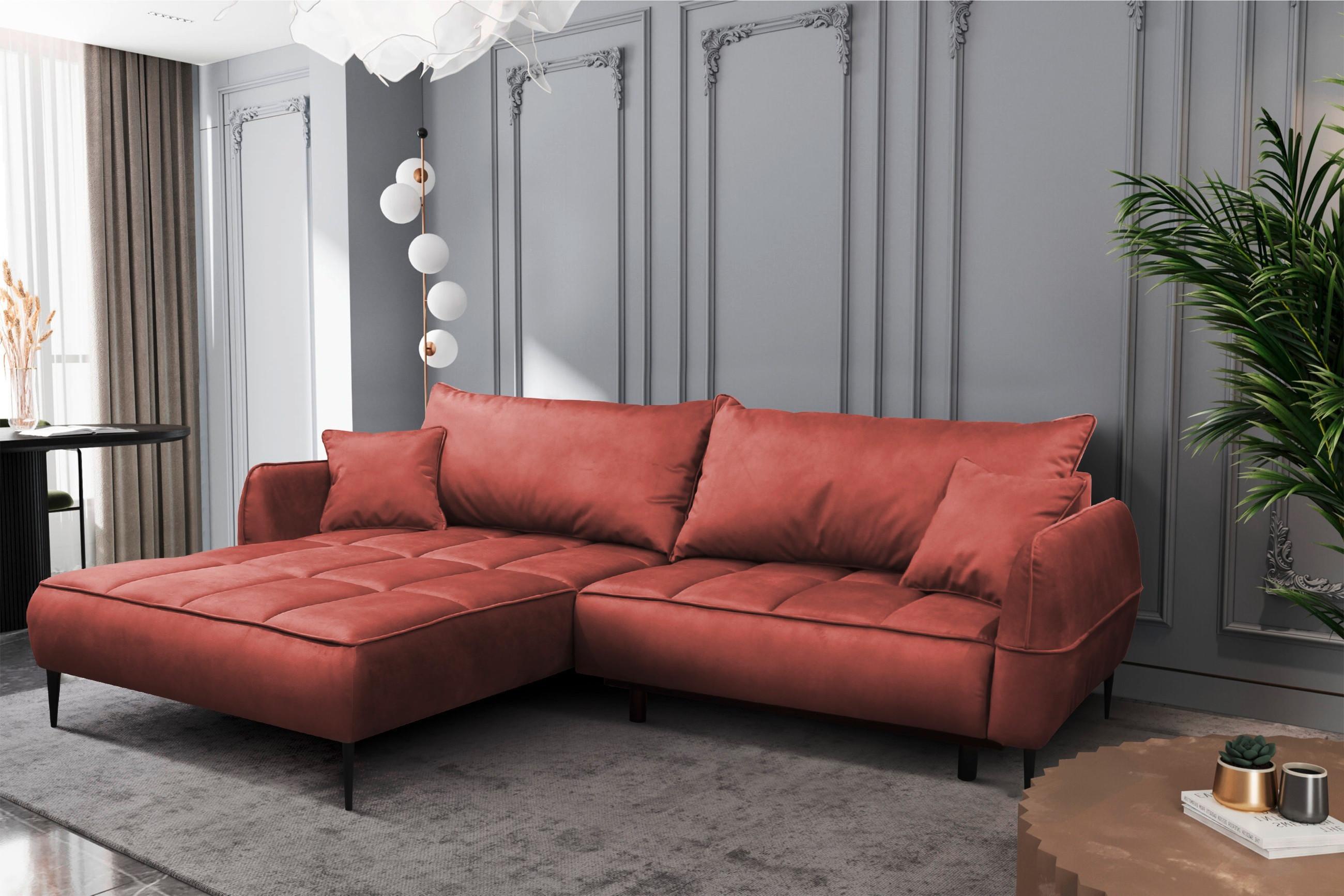 Ecksofa mit Bettkasten Letto 189x260 cm Velours Koralle - Koralle/Schwarz, Design, Textil (189/260cm) - MID.YOU