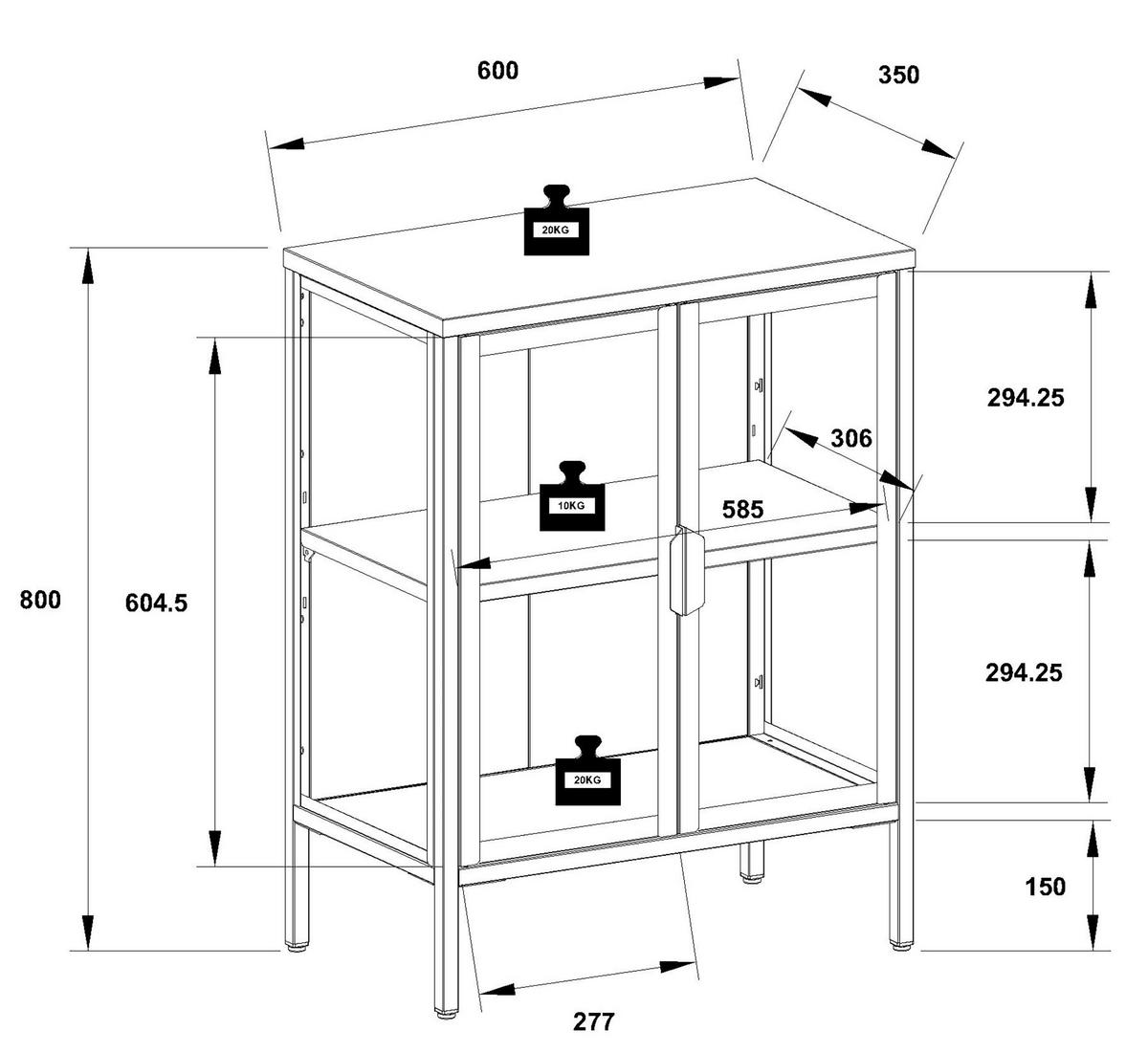 Vitrine Floka Schwarz B: 60 cm - Transparent/Schwarz, Design, Glas/Metall (60/80/35cm) - MID.YOU