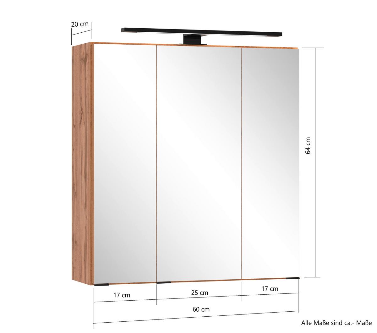 Spiegelschrank Chester + LED Beleuchtung 3 Türen +Steckdose - Eiche Wotan, MODERN, Glas/Holzwerkstoff (60/67,5/20cm) - Held