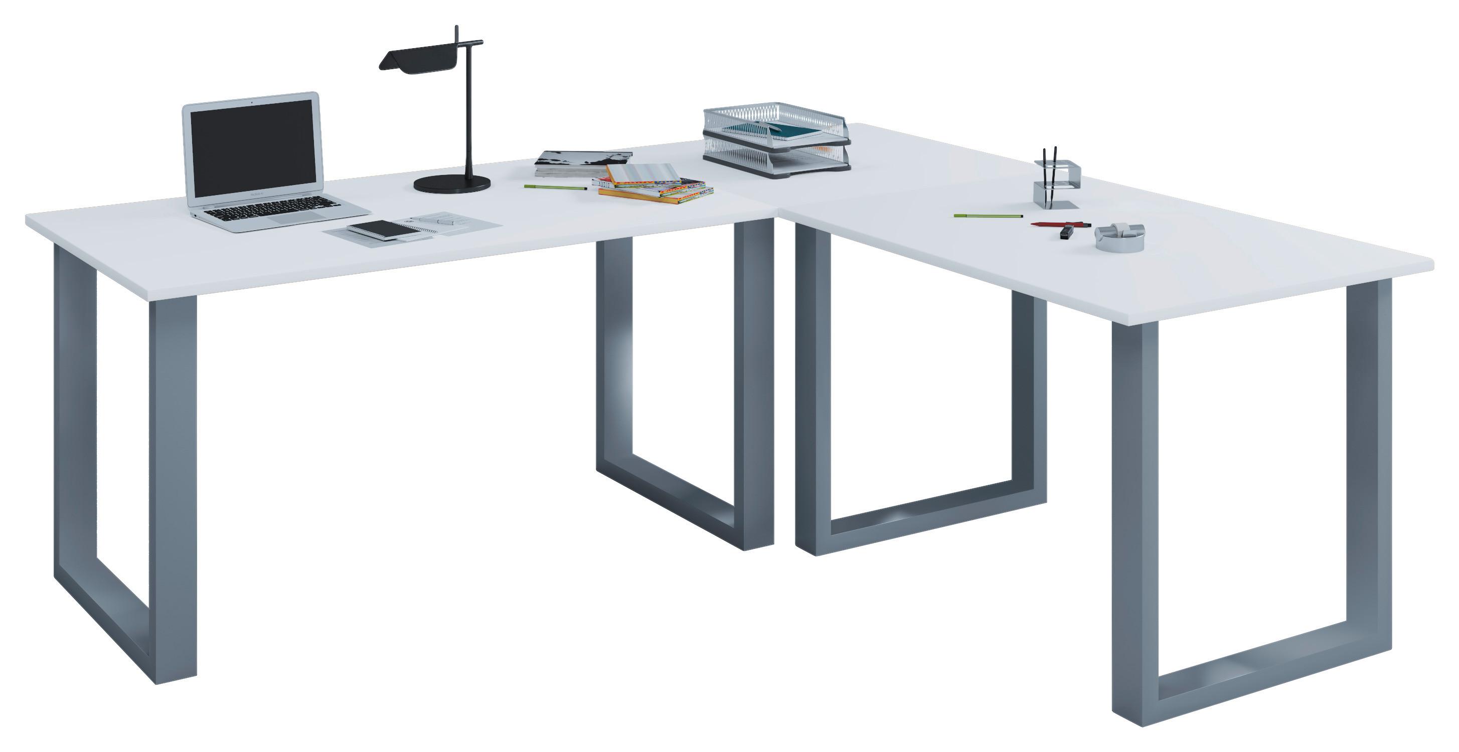 Eckschreibtisch Lona Weiß B: 80 cm - Silberfarben/Weiß, MODERN, Holzwerkstoff/Metall (220/160/76cm) - MID.YOU