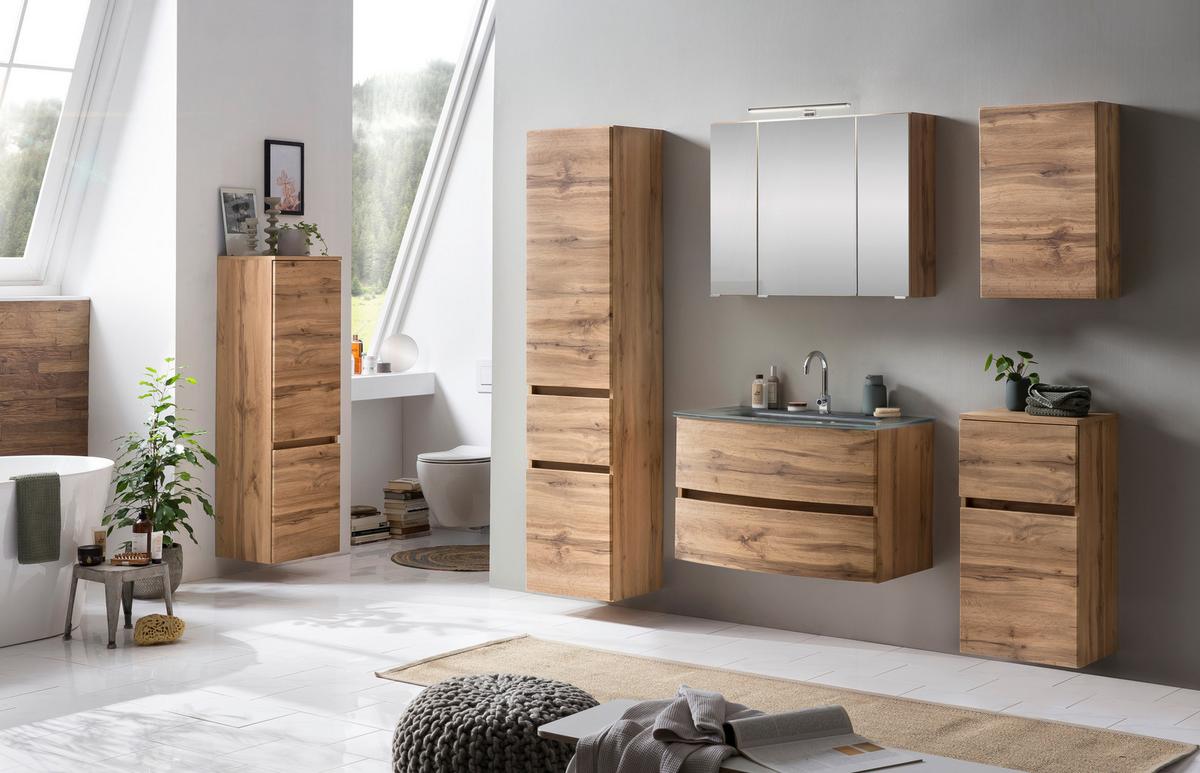 Badezimmer Hochschrank Kopenhagen BxH 40x180 cm - Eichefarben/Silberfarben, KONVENTIONELL, Holzwerkstoff (40/180/35cm) - Held