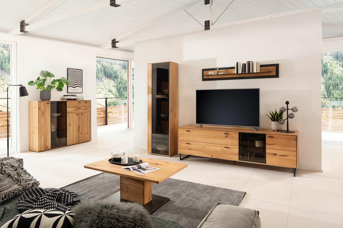 Lowboard Assini B: 213 cm Wildeiche - Wildeiche/Schwarz, Design, Glas/Holz (213/68/50cm) - MID.YOU