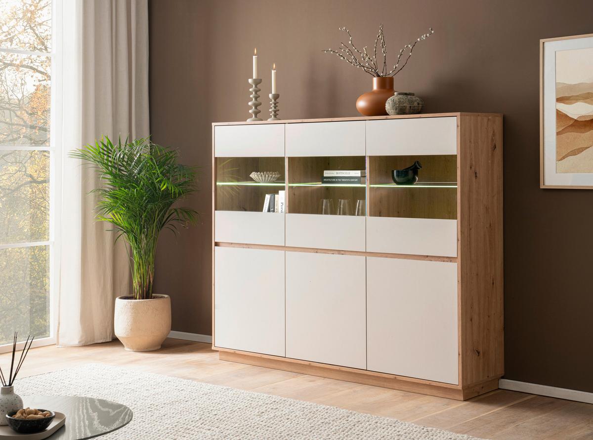 Highboard Sonora Kashmir/Eiche B: 164cm - Kaschmir/Eiche Artisan, Design, Glas/Holzwerkstoff (164/138/40cm) - MID.YOU