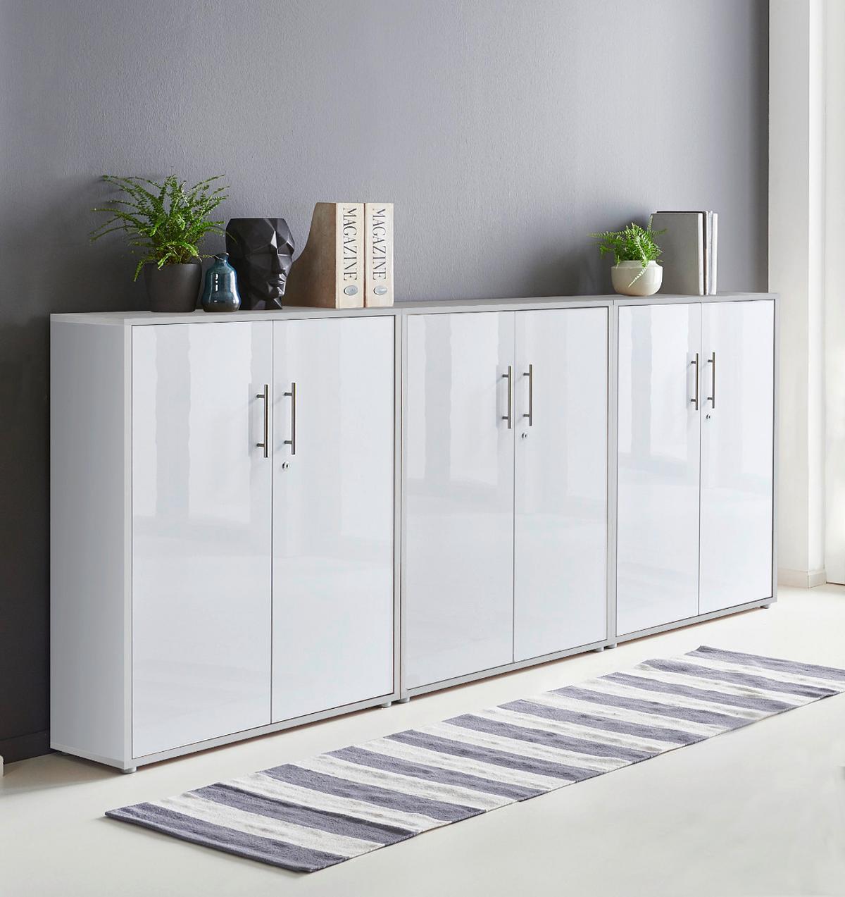 Aktenschrank Office Edition Grau/weiß Hg, B: 253,2 Cm - Weiß Hochglanz/Grau, MODERN, Holzwerkstoff (253,2/113,6/33cm) - MID.YOU